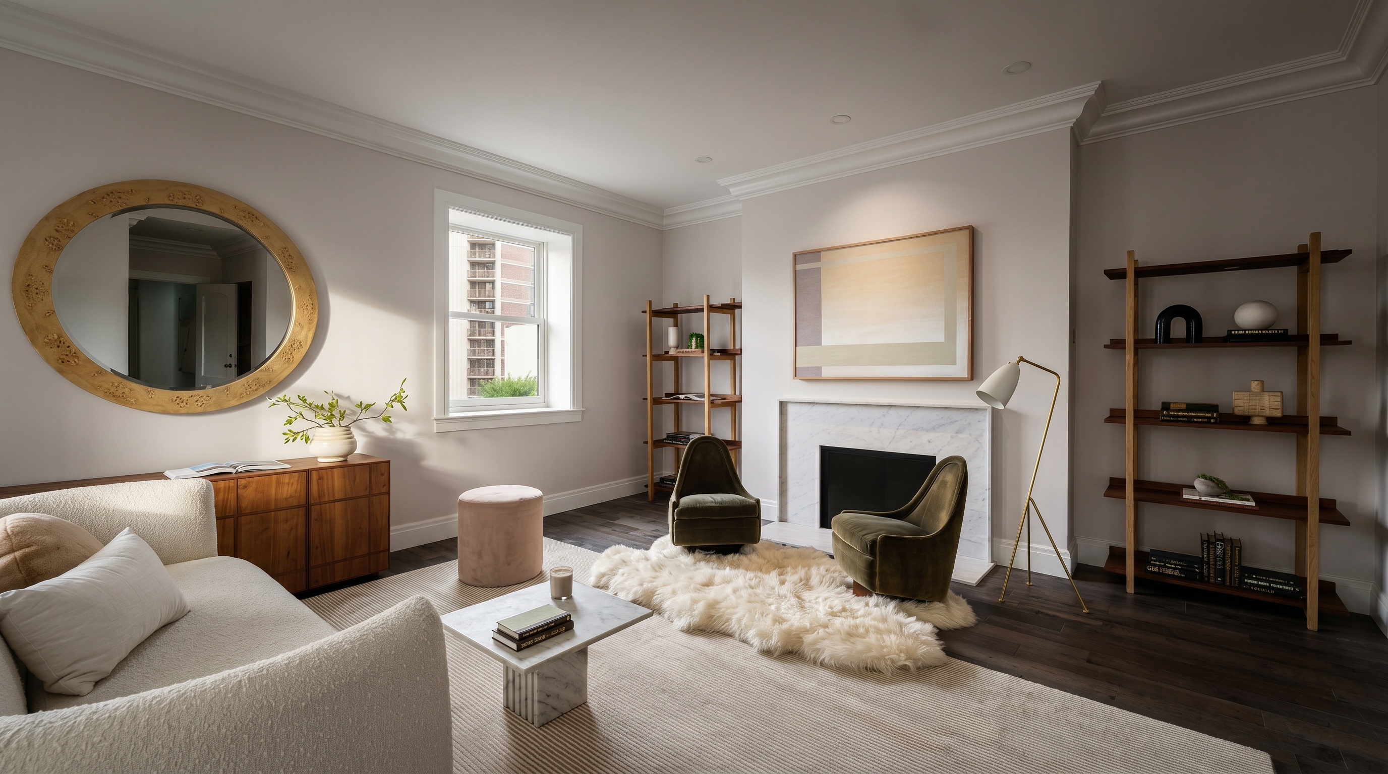 This elegant living room features a sophisticated, neutral color palette with a plush cream sofa, two olive-green velvet armchairs, and a marble coffee table. A large, circular gold-framed mirror hangs above a wooden console, while a fireplace serves as the focal point, flanked by open shelving units. The space is bathed in natural light from a window, creating a warm, inviting, and high-end residential atmosphere.