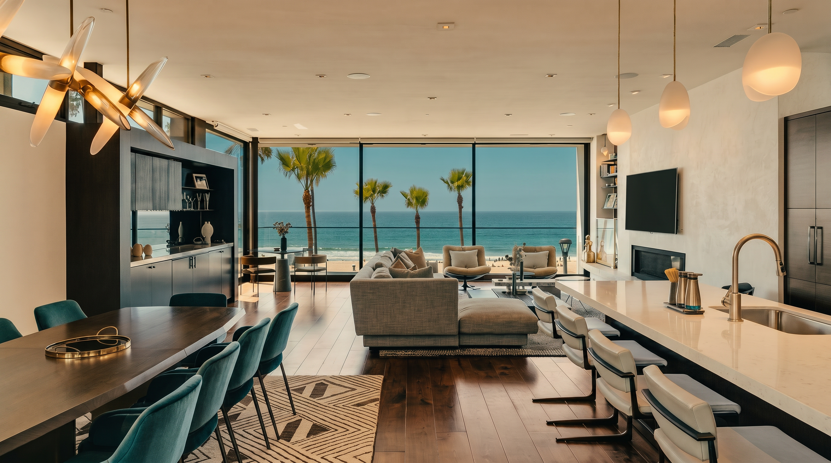 This expansive open-concept living and dining area features a seamless transition to a stunning ocean view through large glass walls. The space is anchored by a neutral-toned sectional sofa, a long kitchen island with bar seating, and a dining table, all set against rich dark wood flooring. Modern pendant lighting and a sleek, minimalist aesthetic create a sophisticated atmosphere that emphasizes the connection to the coastal landscape.