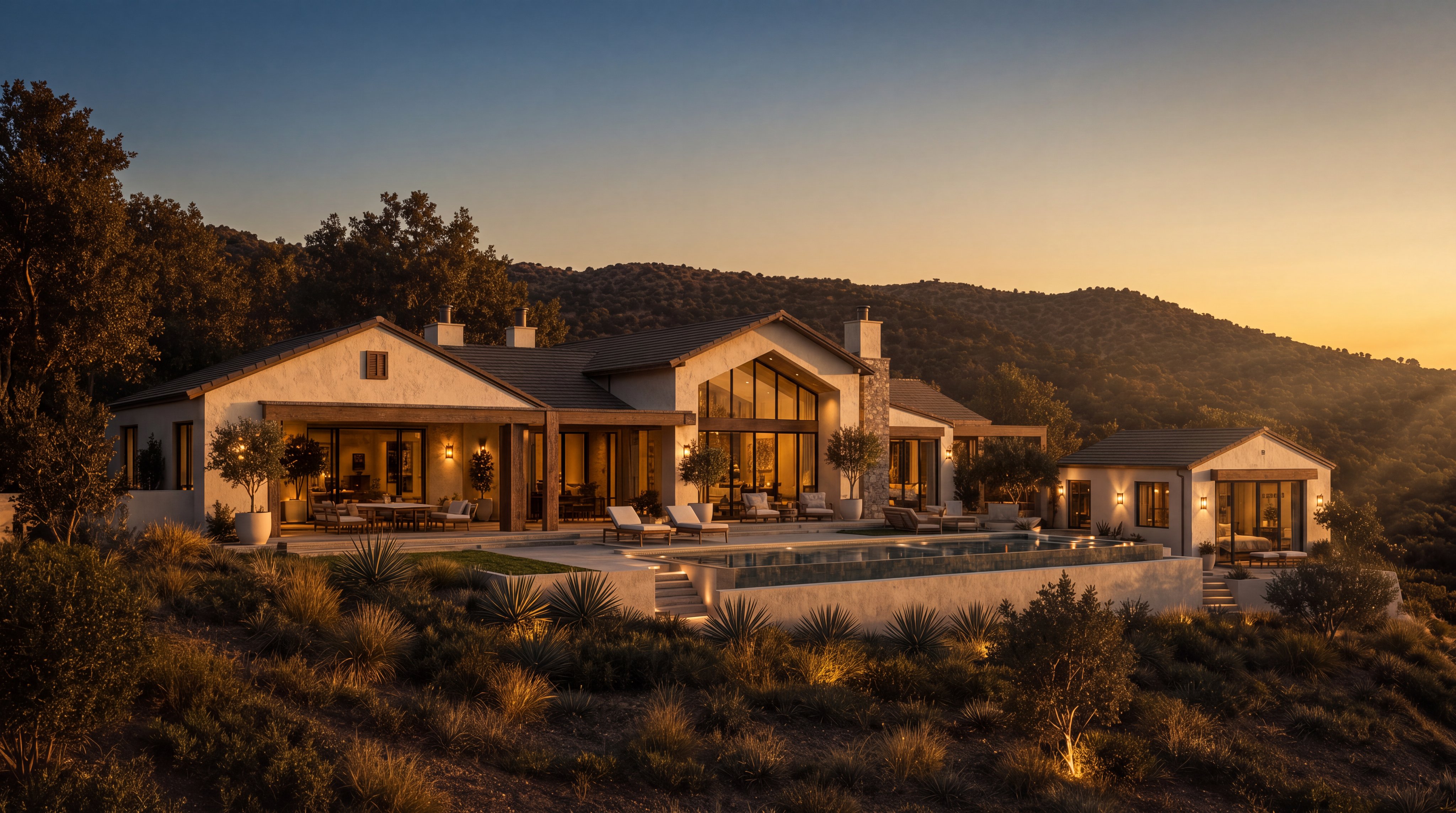 This stunning contemporary estate features a sophisticated blend of rustic and modern architectural styles, highlighted by a sprawling rear patio and an elegant infinity-edge pool. Large floor-to-ceiling windows and open-air timber-framed covered porches seamlessly integrate the luxurious interior living spaces with the scenic, natural hillside landscape. The home exudes an atmosphere of refined tranquility, perfect for outdoor entertaining under the warm glow of integrated evening lighting.