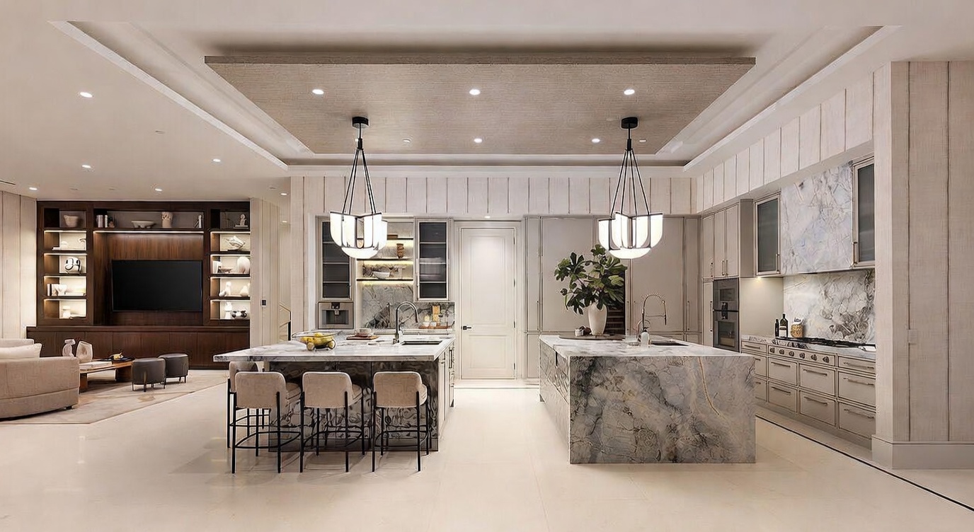 This expansive, high-end kitchen features dual islands with dramatic stone waterfall edges and integrated seating. The space is anchored by a sophisticated color palette of soft neutrals, complemented by custom cabinetry and a recessed ceiling detail with integrated lighting. A seamless transition leads to an adjacent living area with a dark wood media wall, creating an open-concept layout ideal for entertaining.