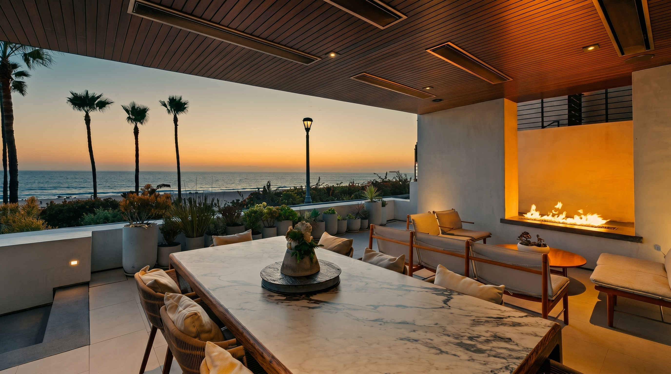 This expansive covered patio offers a luxurious outdoor living space with a direct, unobstructed view of the ocean at sunset. The area features a large stone-topped dining table, comfortable lounge seating, and a built-in fireplace set into a white wall, creating a warm and inviting atmosphere. The ceiling is finished with warm-toned wood slats and integrated lighting, while the open-air design seamlessly connects the living area to the coastal scenery.