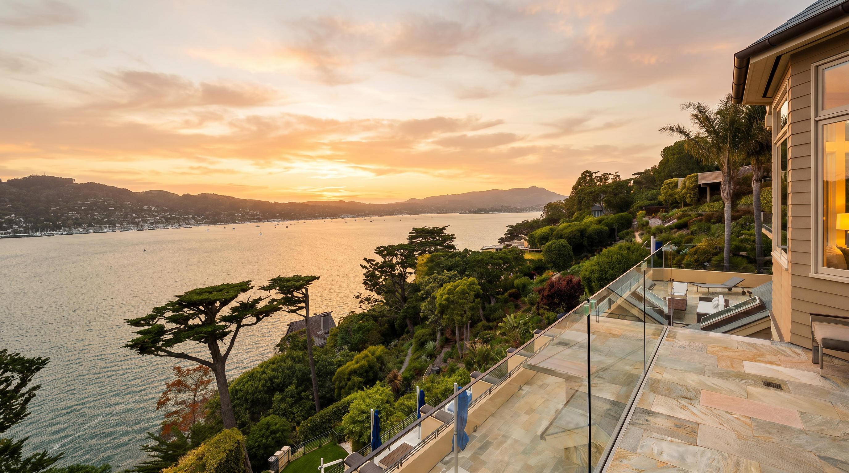 This elevated stone-tiled balcony offers a sweeping, panoramic view of a large bay, distant hills, and a marina filled with boats. The space is enclosed by a modern glass railing, providing an unobstructed vantage point over the lush, terraced hillside and mature trees below. The bright, sunny atmosphere highlights the expansive outdoor living area, which includes lounge seating and a serene, coastal aesthetic.