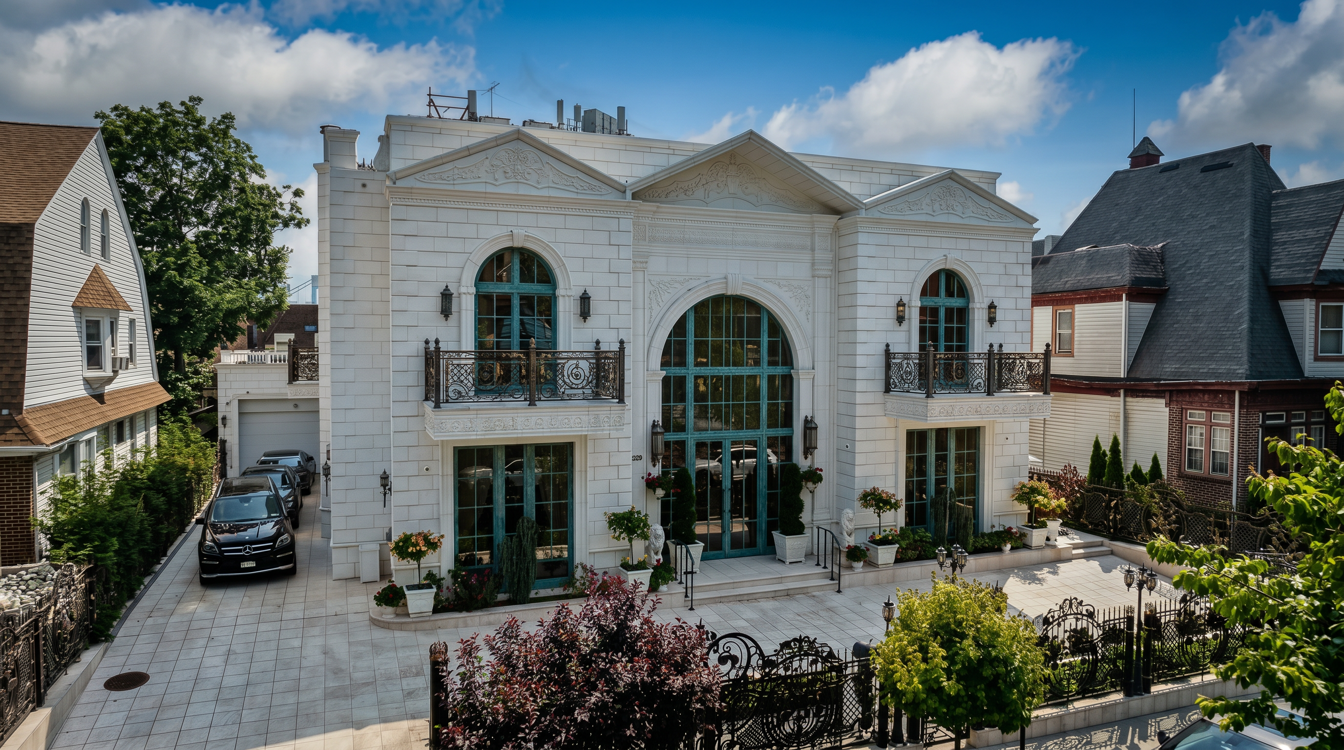 This striking, neoclassical-inspired luxury residence features a symmetrical white stone facade with ornate wrought-iron balconies and grand arched windows. The property is framed by a decorative iron fence and a paved driveway, creating an imposing and sophisticated street presence. The perspective is captured from a slightly elevated angle, showcasing the architectural symmetry and the meticulous landscaping of the front courtyard.
