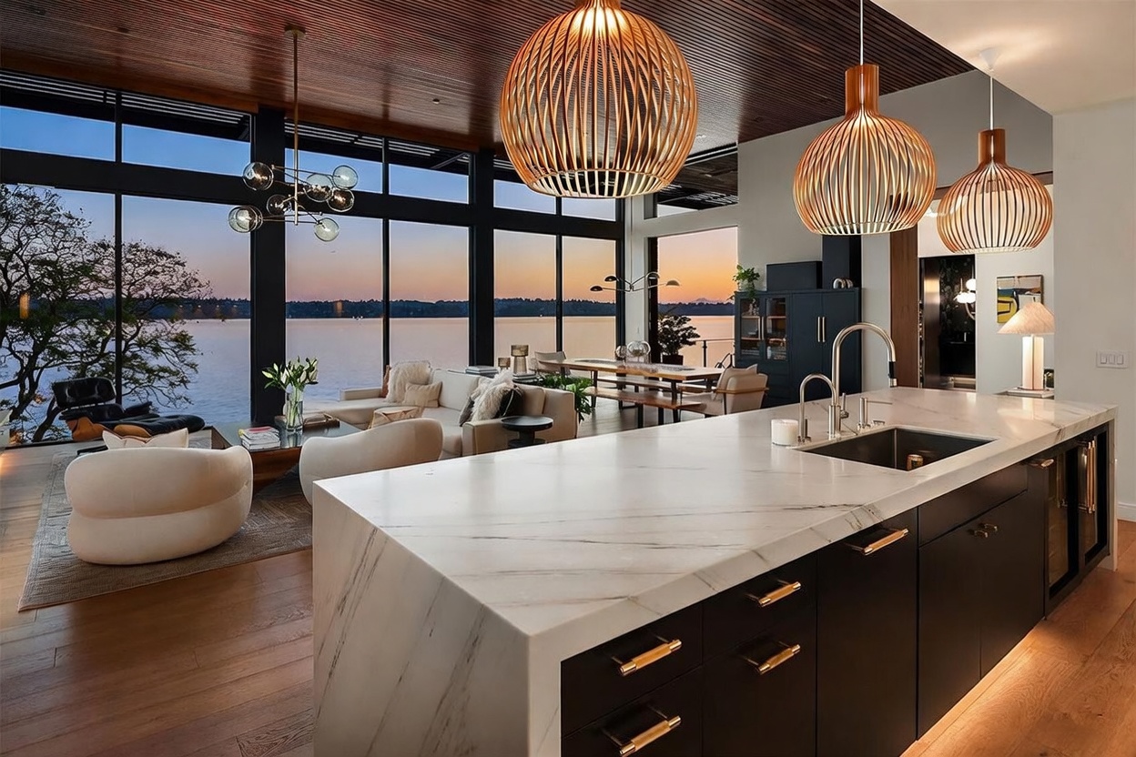 This open-concept kitchen features a large island with a stone countertop and dark cabinetry, seamlessly flowing into a living and dining area. The space is defined by expansive floor-to-ceiling windows that frame a stunning sunset view over the water, complemented by warm wood-slat ceilings and sculptural pendant lighting. The modern, sophisticated design emphasizes a connection to the outdoors, creating an airy and luxurious atmosphere.