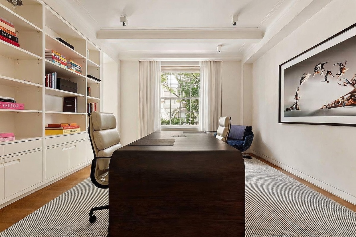 This sophisticated home office features a large, dark wood desk centered in the room, flanked by a light-colored leather office chair and a plush blue armchair. A built-in white shelving unit lines the left wall, filled with books and decorative items, while a large framed photograph hangs on the right wall. The space is illuminated by recessed lighting and natural light streaming through a central window dressed in simple white curtains, creating a professional and serene atmosphere.