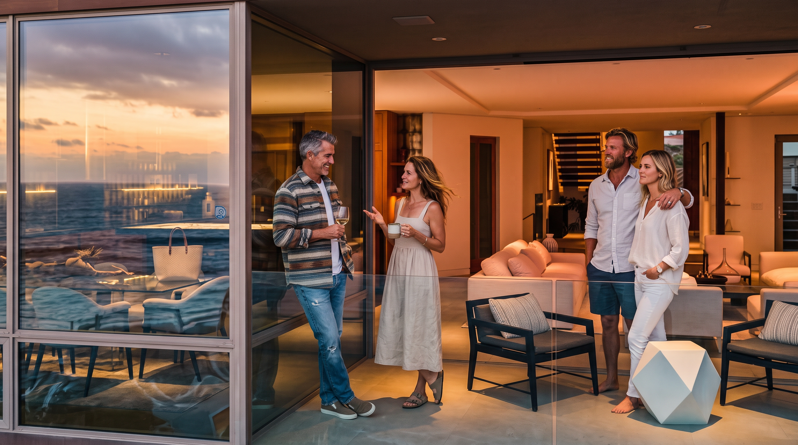 This modern, multi-level coastal residence features expansive glass walls that seamlessly blend indoor and outdoor living spaces. The main level showcases a spacious balcony with contemporary seating, while the interior reveals an open-concept living area with a staircase leading to upper levels. The architecture emphasizes clean lines and a sophisticated aesthetic, perfectly positioned to capture panoramic ocean views at dusk.
