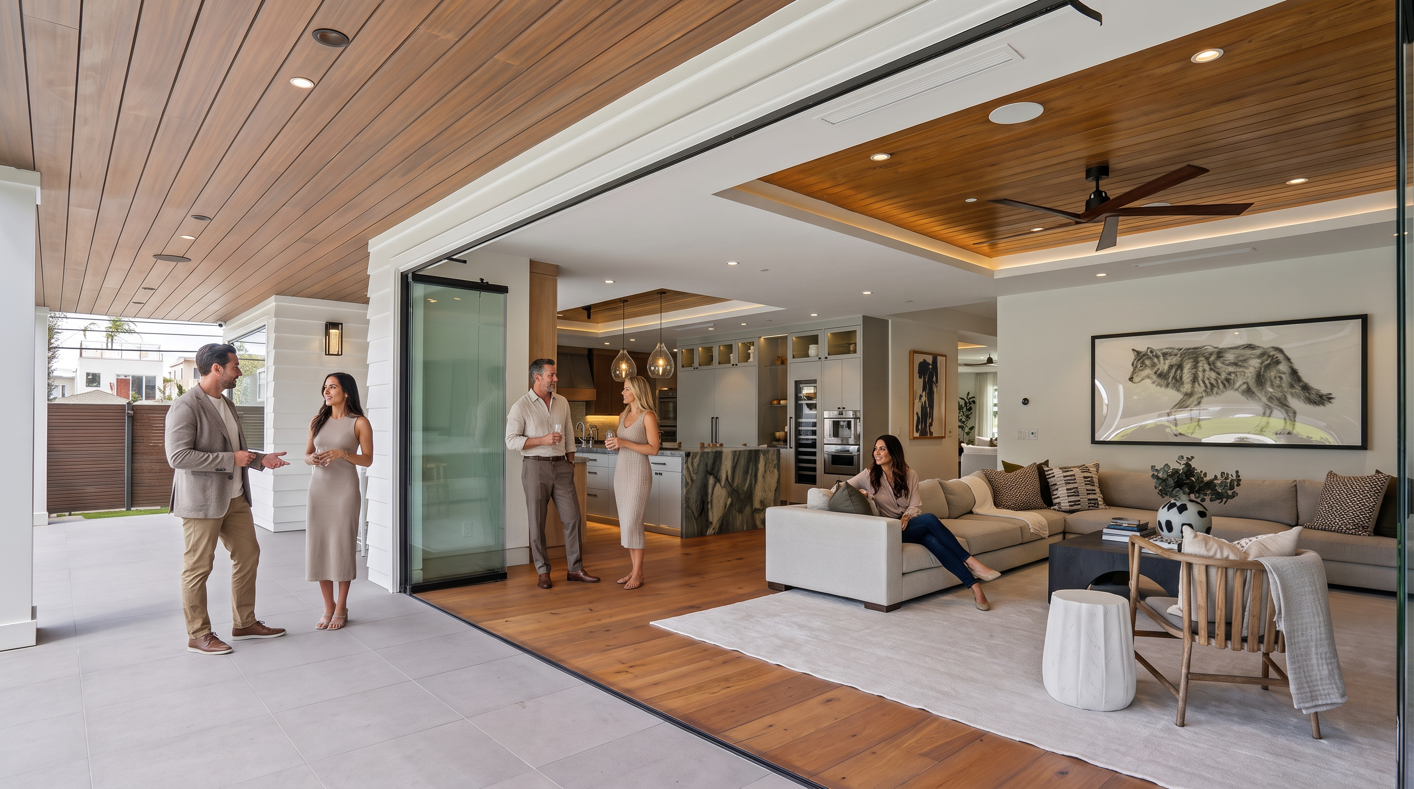 This modern open-concept living space features a seamless transition to an expansive outdoor patio, highlighted by a floor-to-ceiling glass wall system. The interior boasts sophisticated design elements including a striking wolf artwork above a large sectional, rich wood ceiling accents with recessed lighting, and a well-appointed kitchen in the background. The space is expertly staged and creates a bright, airy, and luxurious atmosphere ideal for entertaining.