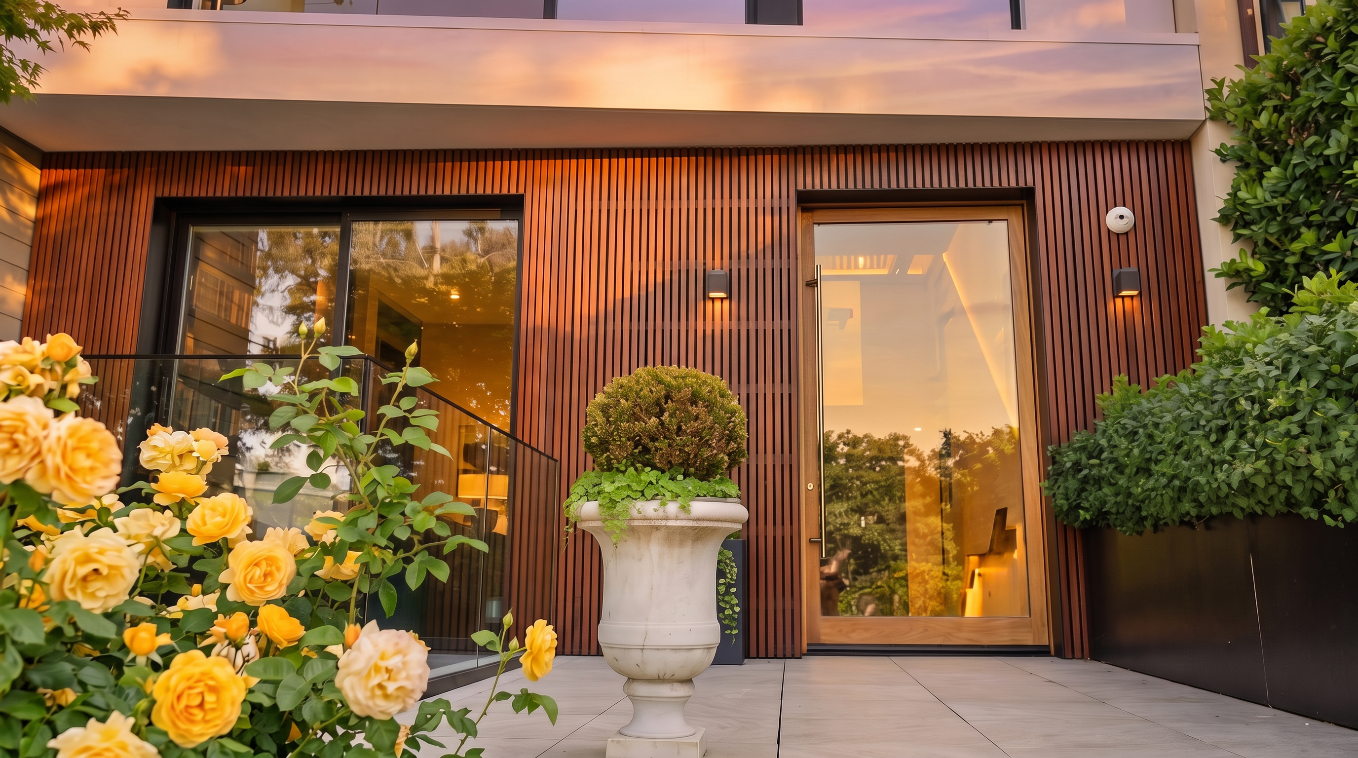This modern residential facade features a striking contrast between a contemporary, multi-level glass and metal structure and a traditional neighboring building. The ground level is accented with warm-toned vertical wood slats, a glass-paneled front door, and a paved patio area adorned with a decorative stone planter. The perspective is a low-angle shot looking up at the clean lines and large windows of the home, emphasizing its architectural height and urban sophistication.