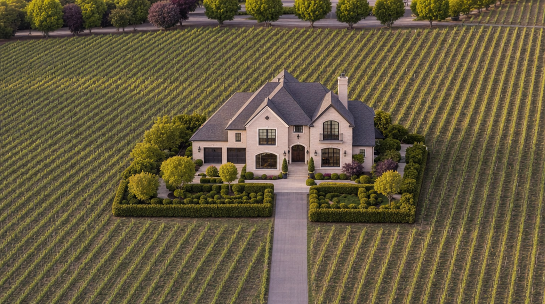 This stunning aerial perspective showcases a grand, traditional-style residence nestled in the heart of expansive, meticulously maintained vineyards. The estate features a sophisticated landscape design with manicured hedges and specimen trees, creating a secluded retreat surrounded by rows of grapevines. Its stately architecture and deliberate layout offer an elegant, private sanctuary that exudes luxury and serenity.