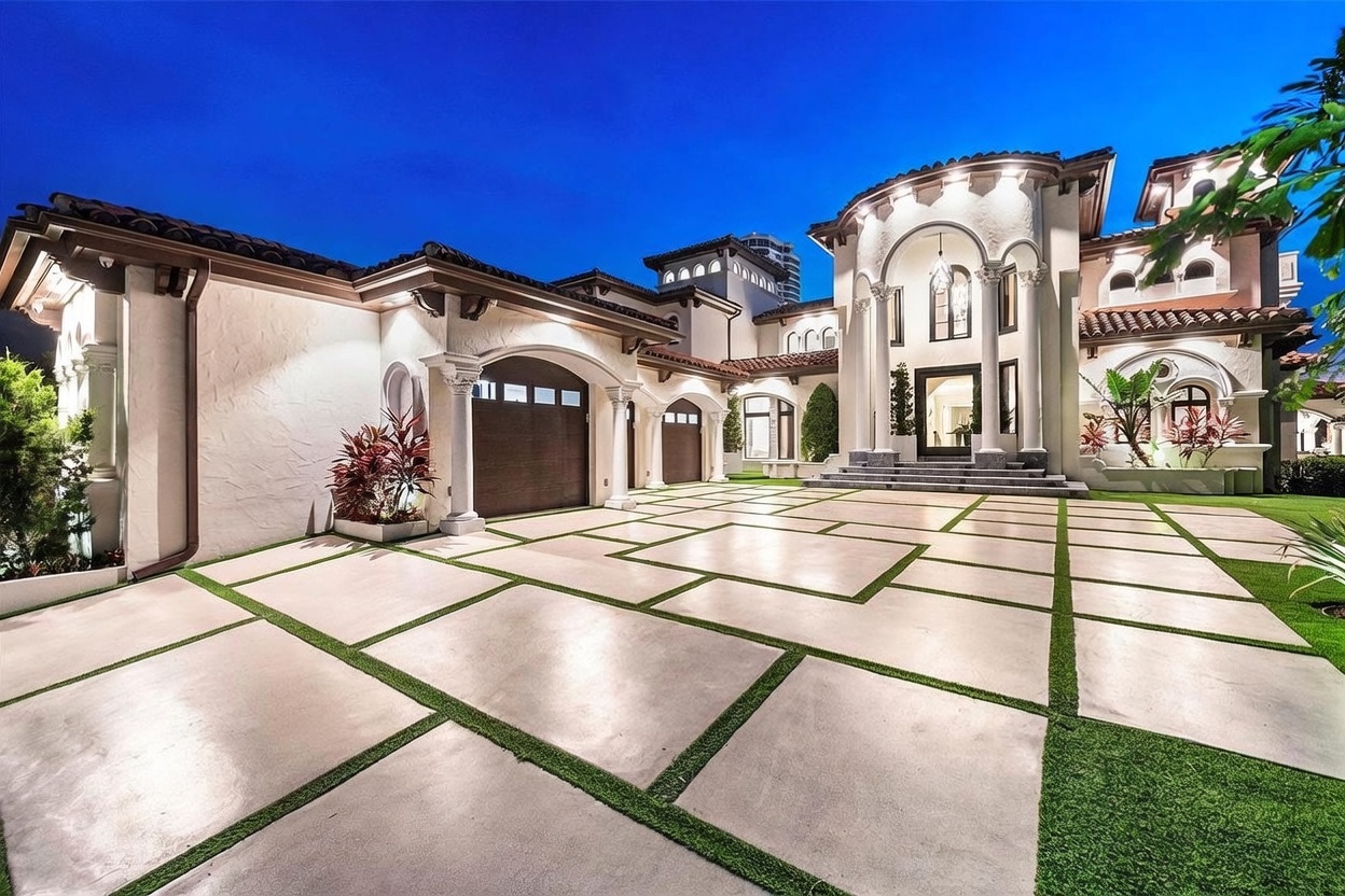 This grand Mediterranean-style estate features a prominent arched entryway with dual columns and a large, multi-car garage. The expansive driveway is paved with large concrete squares separated by strips of artificial turf, leading up to the impressive facade. The home is illuminated by warm exterior lighting against a deep blue twilight sky, highlighting its architectural details and manicured landscaping.