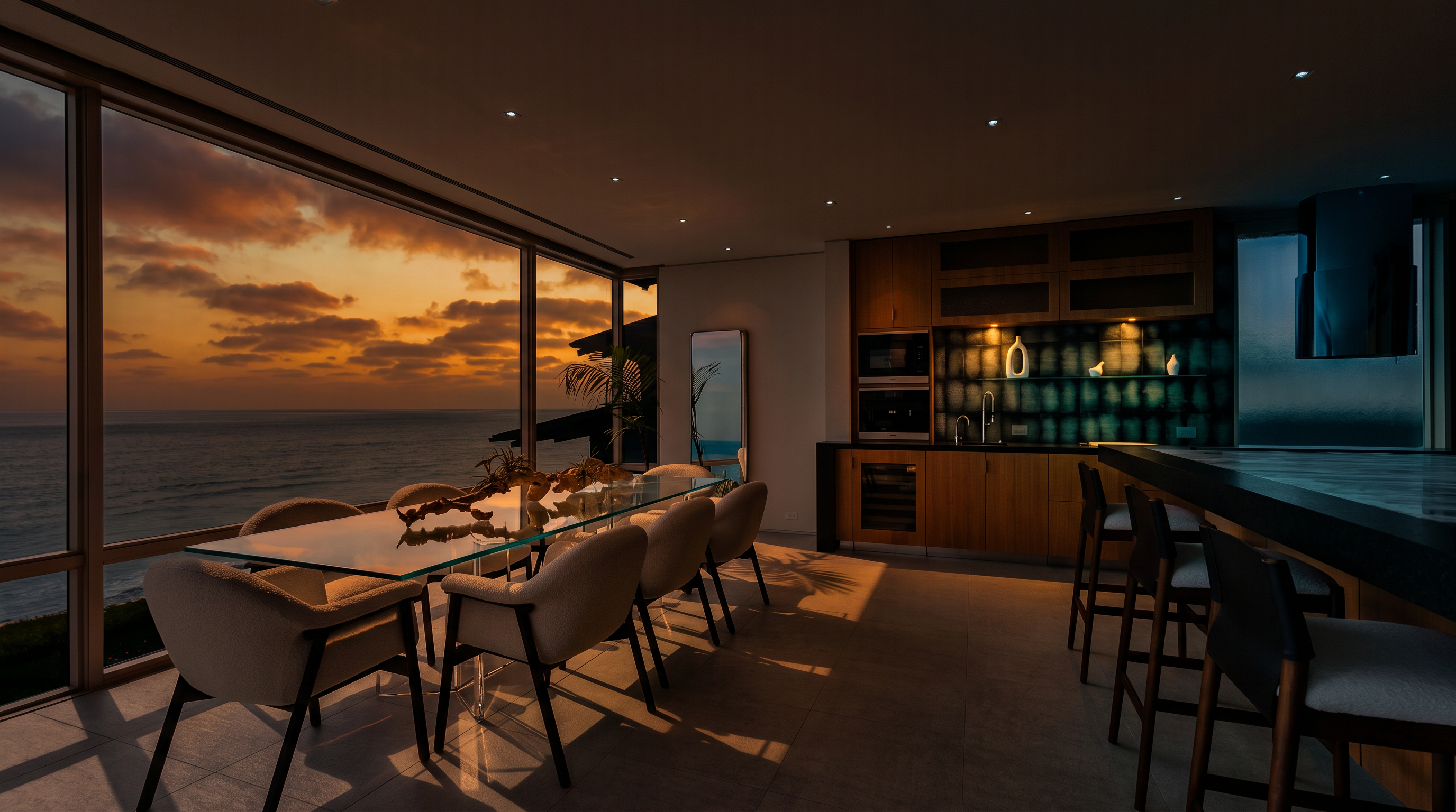 This open-concept space seamlessly blends a dining area with a modern kitchen, all framed by expansive floor-to-ceiling windows that offer a panoramic view of the ocean. The dining area features a glass-topped table surrounded by light-colored upholstered chairs, while the kitchen is equipped with light wood cabinetry, a dark stone-topped island with bar seating, and integrated appliances. The room is bathed in natural light, creating an airy, sophisticated atmosphere that emphasizes the coastal setting.