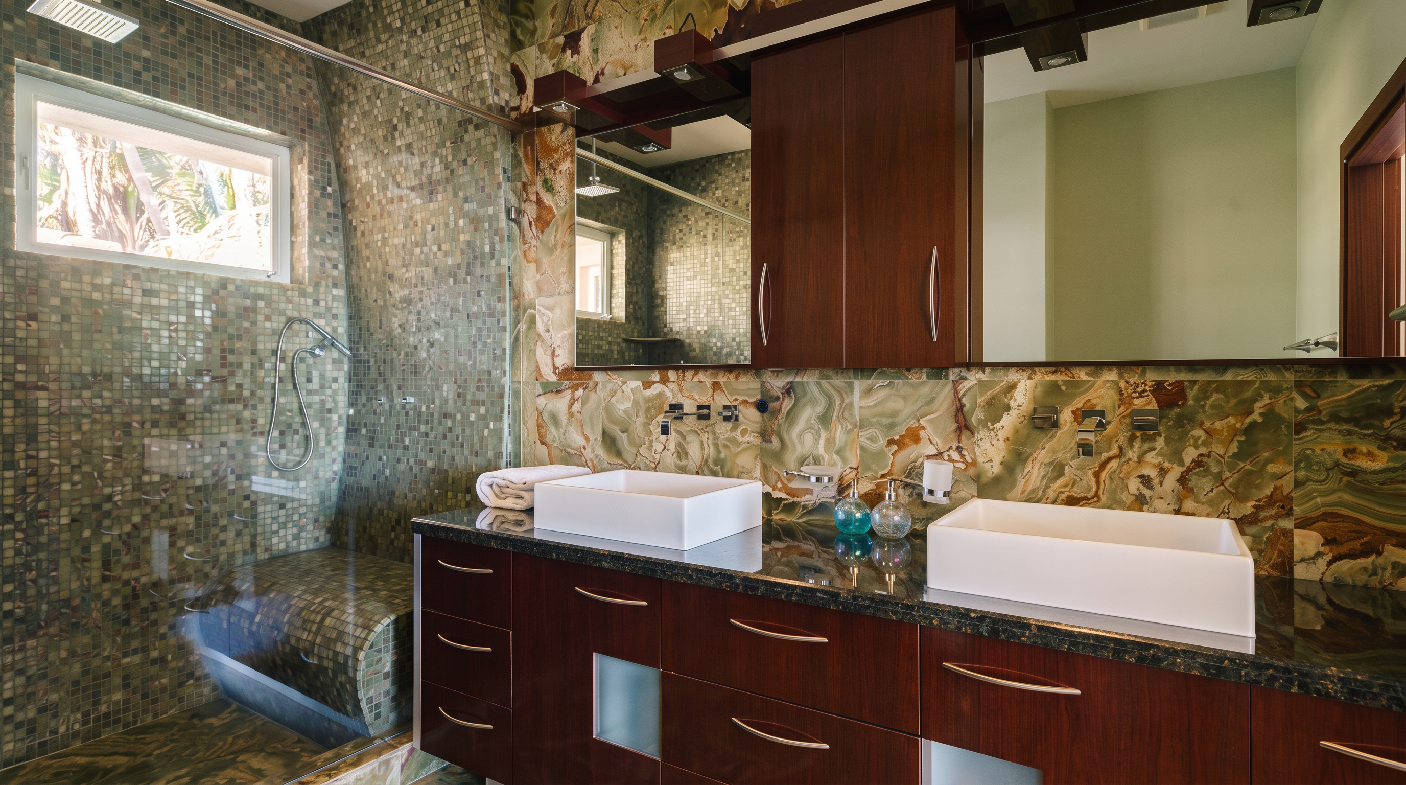 This primary bathroom features a dual-sink vanity with a dark stone countertop and rich, warm-toned wood cabinetry. The walls and shower area are finished in a distinctive, multi-colored stone with swirling patterns, complemented by a mosaic-tiled shower enclosure. A large mirror sits above the vanity, reflecting the bright, yellow-toned wall opposite, creating a bold and luxurious aesthetic.