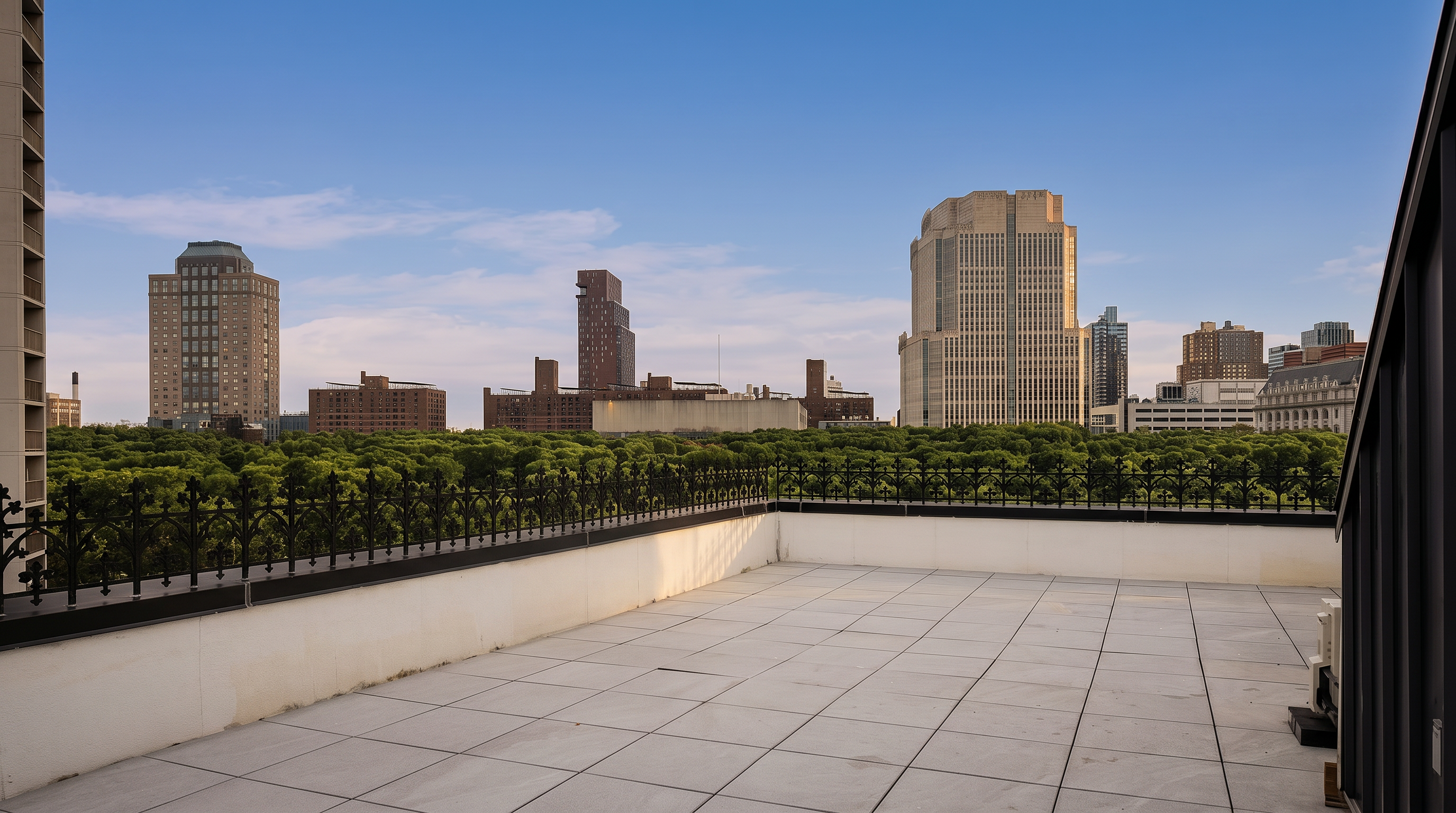 This spacious rooftop terrace features light-colored square tiling and a decorative black wrought-iron railing that overlooks a lush, dense canopy of trees. The expansive view captures a striking urban skyline with various high-rise buildings, creating a sophisticated contrast between nature and city living. The perspective is wide and elevated, emphasizing the generous outdoor living space and the prime location.