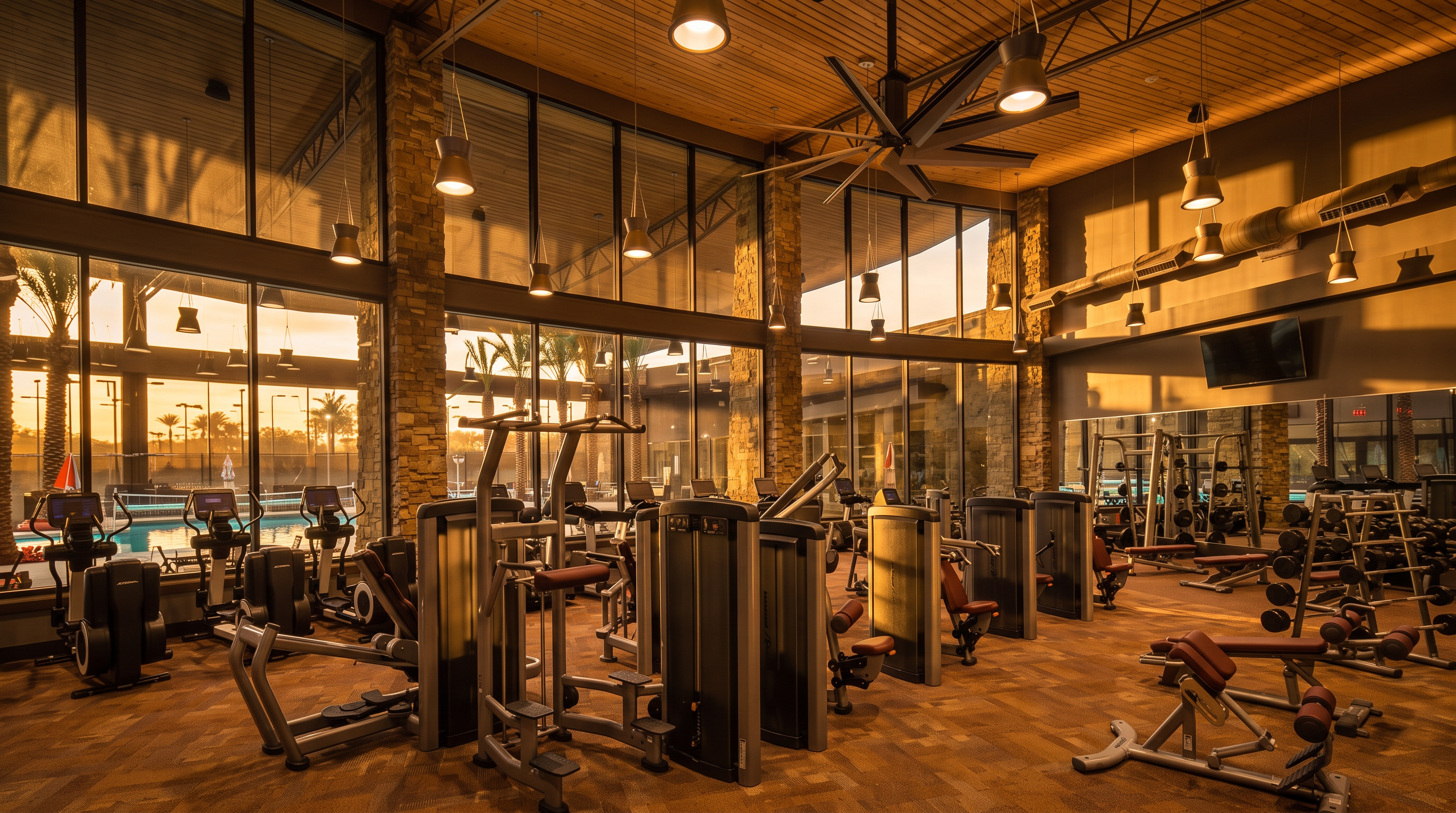 This professional-grade home gym features an open-concept layout with numerous strength training machines, a rack of dumbbells, and weight benches. The space is highlighted by a high, vaulted wood-plank ceiling with modern industrial-style light fixtures and a large ceiling fan, while floor-to-ceiling glass windows provide an expansive view of an outdoor pool area. The overall aesthetic is upscale and athletic, emphasizing a bright, well-maintained environment conducive to fitness.