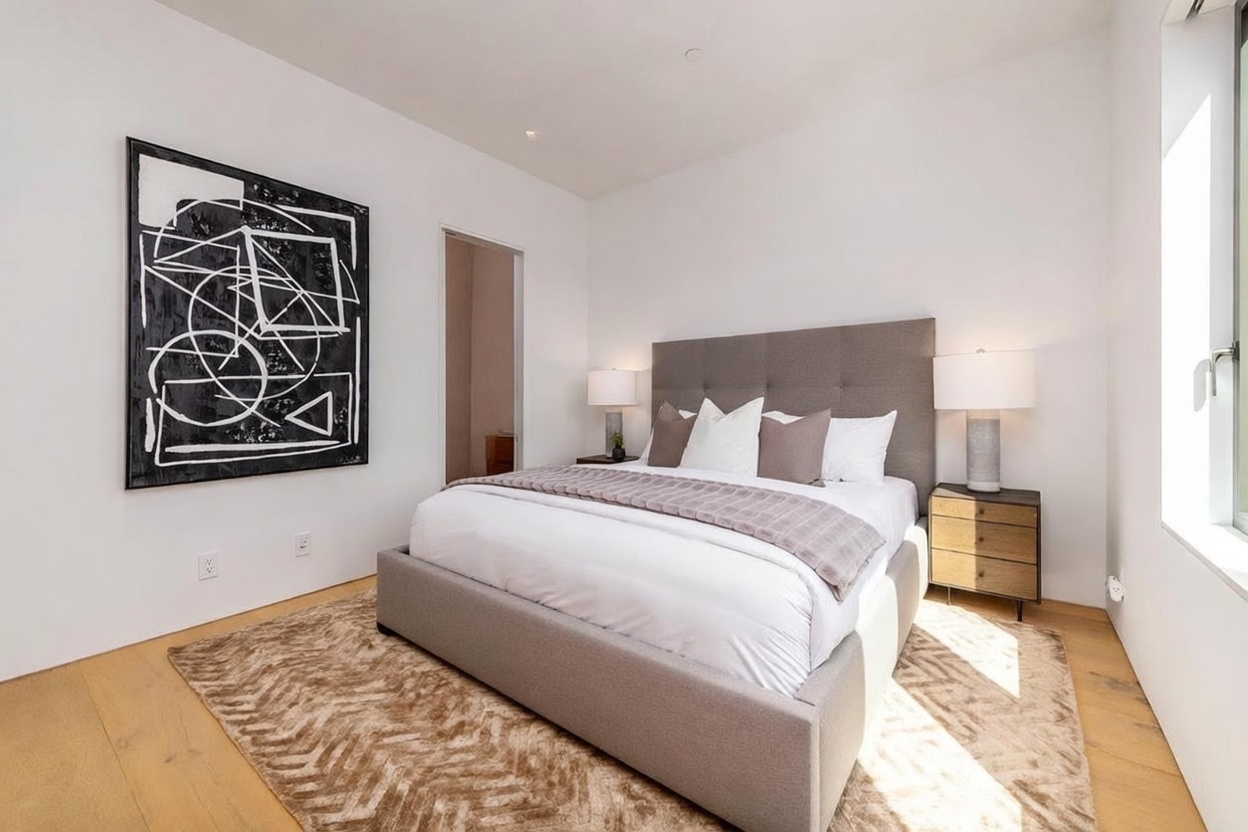 This modern primary bedroom features a neutral color palette with a large, upholstered gray headboard as the focal point. The room is accented by a bold, abstract black-and-white geometric artwork on the wall and a textured, patterned area rug over light wood flooring. Large windows on the right allow for ample natural light, creating a bright and serene atmosphere.