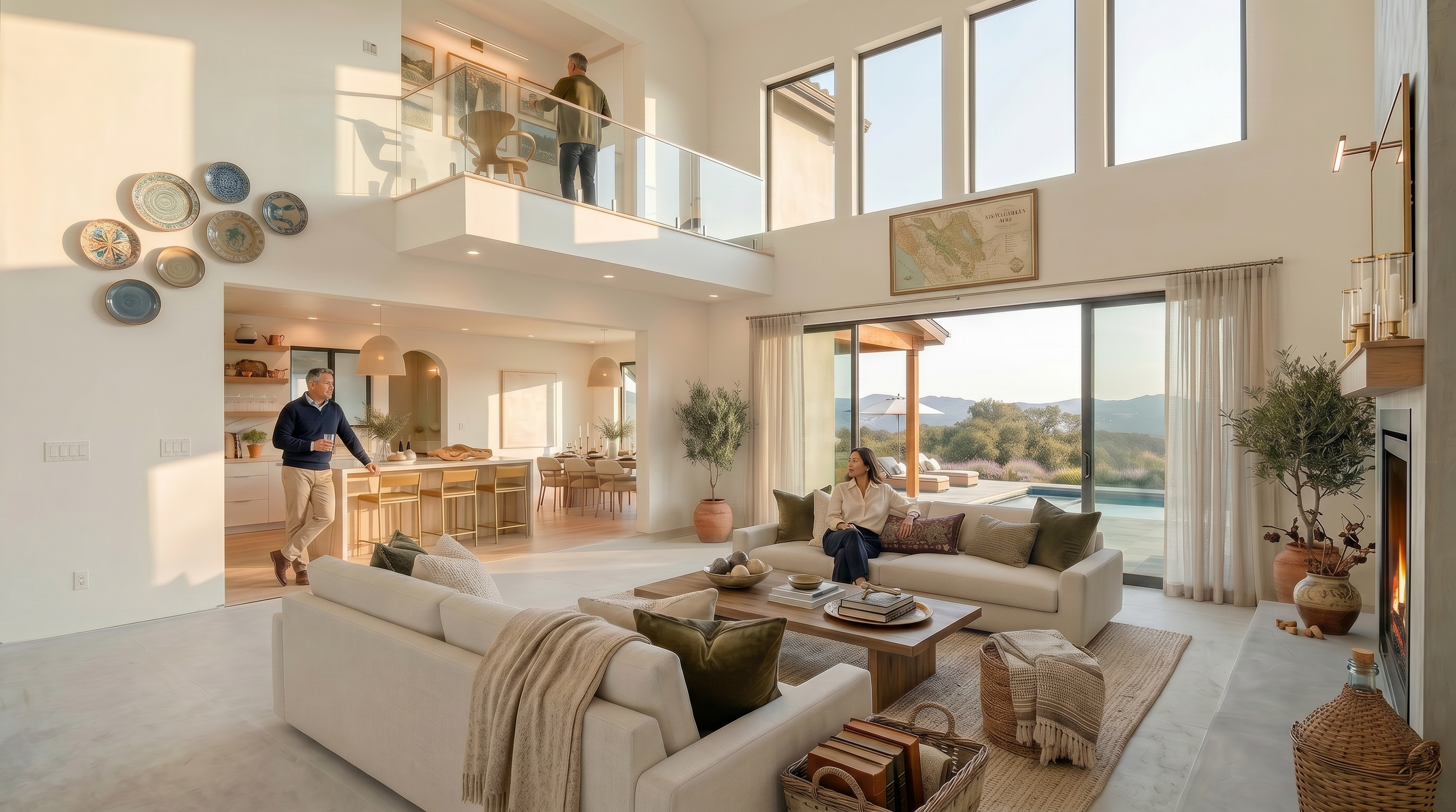 This stunning, open-concept living area features soaring vaulted ceilings and a dramatic wall of glass sliding doors that seamlessly blend indoor-outdoor living. The space is anchored by a neutral-toned sofa, a modern fireplace, and a lofted landing above, all tied together with high-end designer finishes and a sophisticated, warm aesthetic. The interior offers a direct view of a private pool area and scenic hills, creating a bright and airy atmosphere perfect for luxury living.