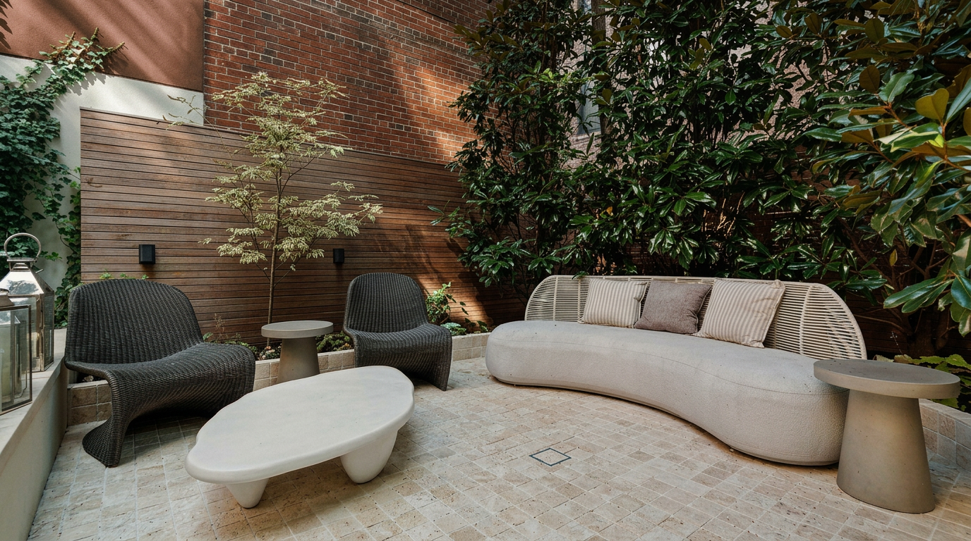 This elegant, private patio space features a curved, modern sofa and two dark wicker chairs arranged around a sculptural, organic-shaped coffee table. The area is framed by a warm wood-slatted wall and lush greenery, set against a classic brick building facade. The light-colored stone pavers and minimalist side tables create a sophisticated, serene outdoor lounge atmosphere.