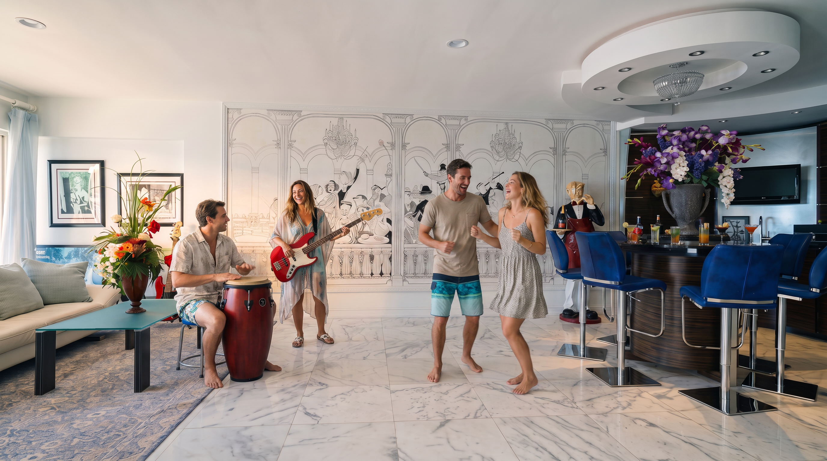 This expansive living area features a striking, large-scale mural depicting a social scene on the back wall, complemented by polished stone flooring throughout. To the right, a circular bar area with blue stools and a decorative ceiling feature creates a distinct entertainment space, while a comfortable seating area with a patterned rug occupies the left side. The room is bright and open, showcasing a unique blend of artistic wall decor and modern, high-contrast furnishings.