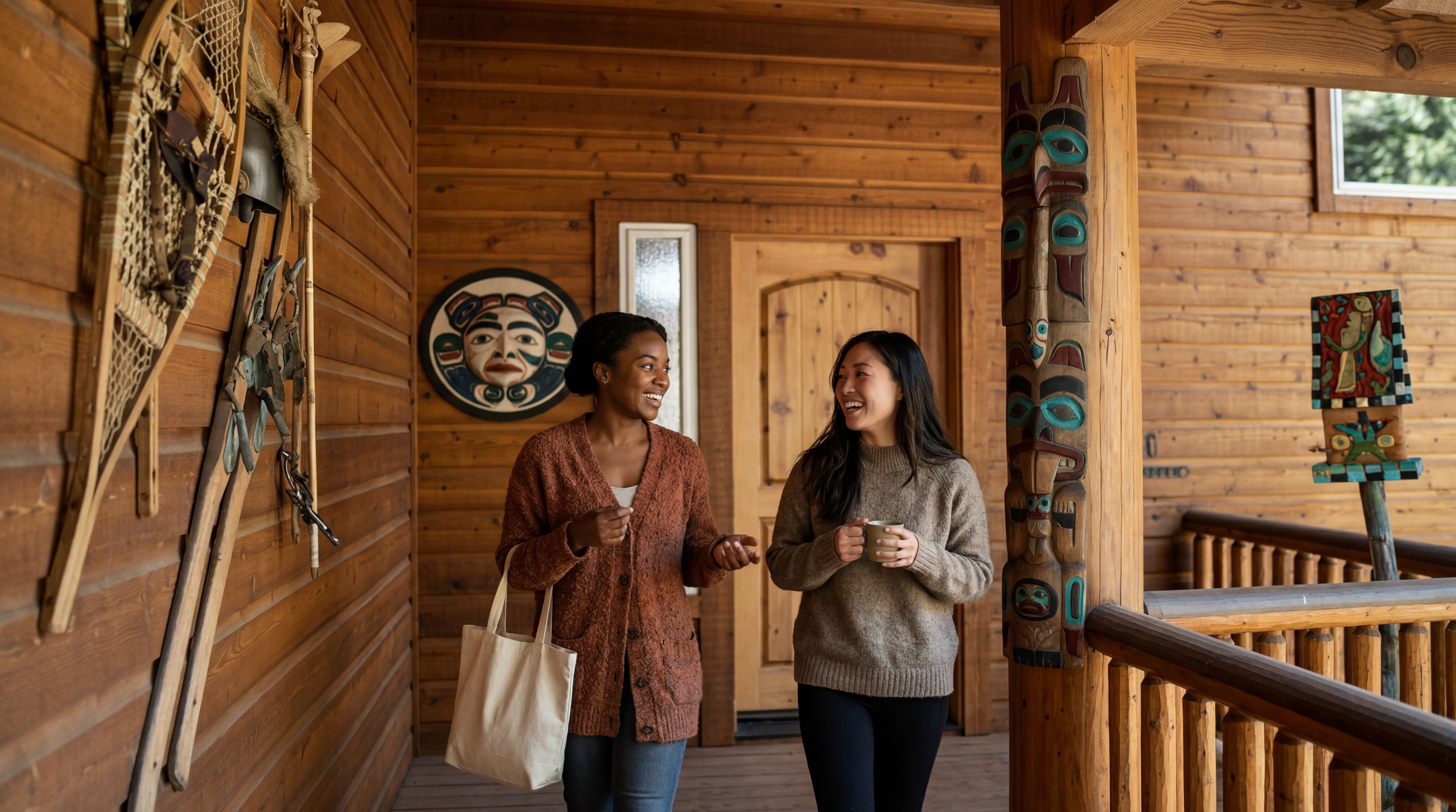 This outdoor deck space features warm, rustic log construction that creates a welcoming, mountain-lodge atmosphere. The porch includes culturally significant carved totem posts and wall art, adding unique character and artistic flair. Two women are seen enjoying the space, which provides a comfortable and inviting area for socializing outdoors.