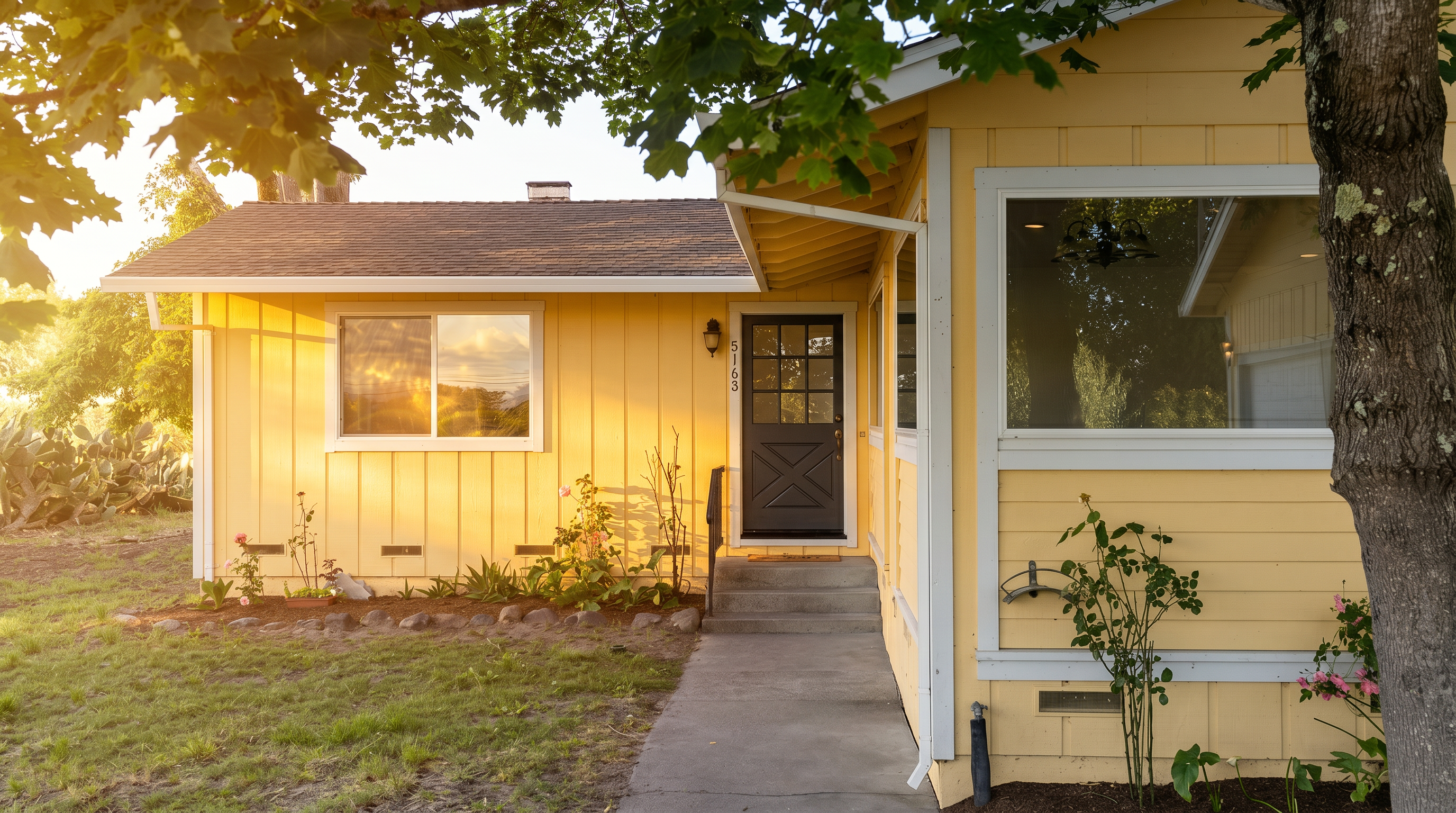 This charming single-story home features a bright yellow board-and-batten exterior with crisp white trim and a dark-toned shingled roof. A concrete walkway leads to a dark-painted front door with a classic X-pattern design, framed by a small garden bed with roses and other greenery. The perspective is captured from the front yard, framed by the overhanging branches of a mature tree, creating a welcoming and well-maintained curb appeal.