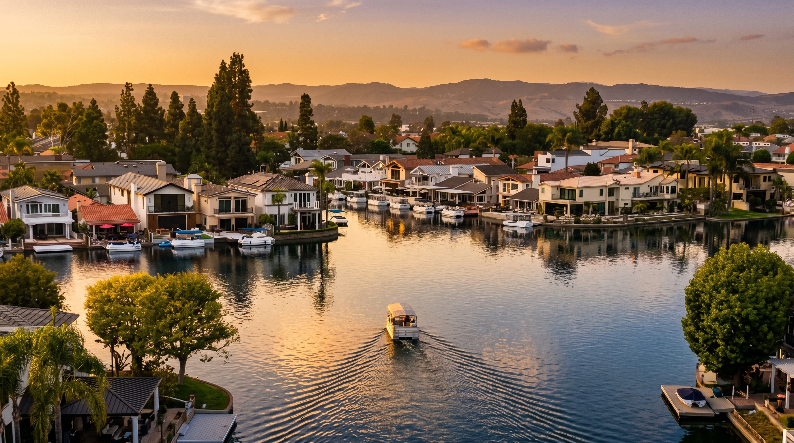 This stunning aerial view showcases a luxury waterfront residential neighborhood with homes featuring direct boat access to a serene canal. The clear blue water, well-maintained docks, and lush landscaping create an inviting and upscale atmosphere. The scene highlights the unique lifestyle benefits of lakeside living, complete with a small boat cruising through the calm waters.