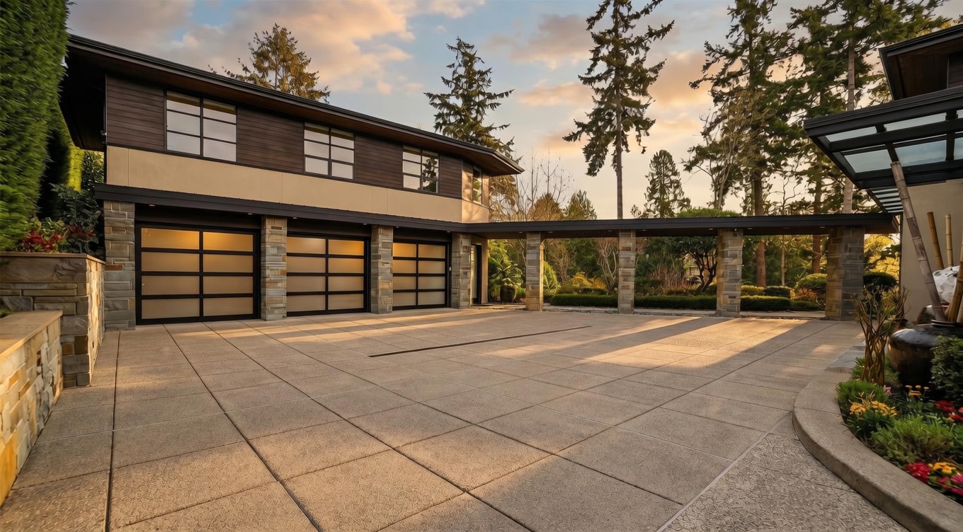 This image captures a modern, multi-car garage with a distinctive architectural style, featuring three frosted-glass garage doors and a covered walkway supported by stone pillars. The exterior combines horizontal wood siding with stone accents, creating a sophisticated and contemporary aesthetic. A spacious, paved driveway leads up to the structure, framed by lush greenery and tall evergreen trees under a clear blue sky.