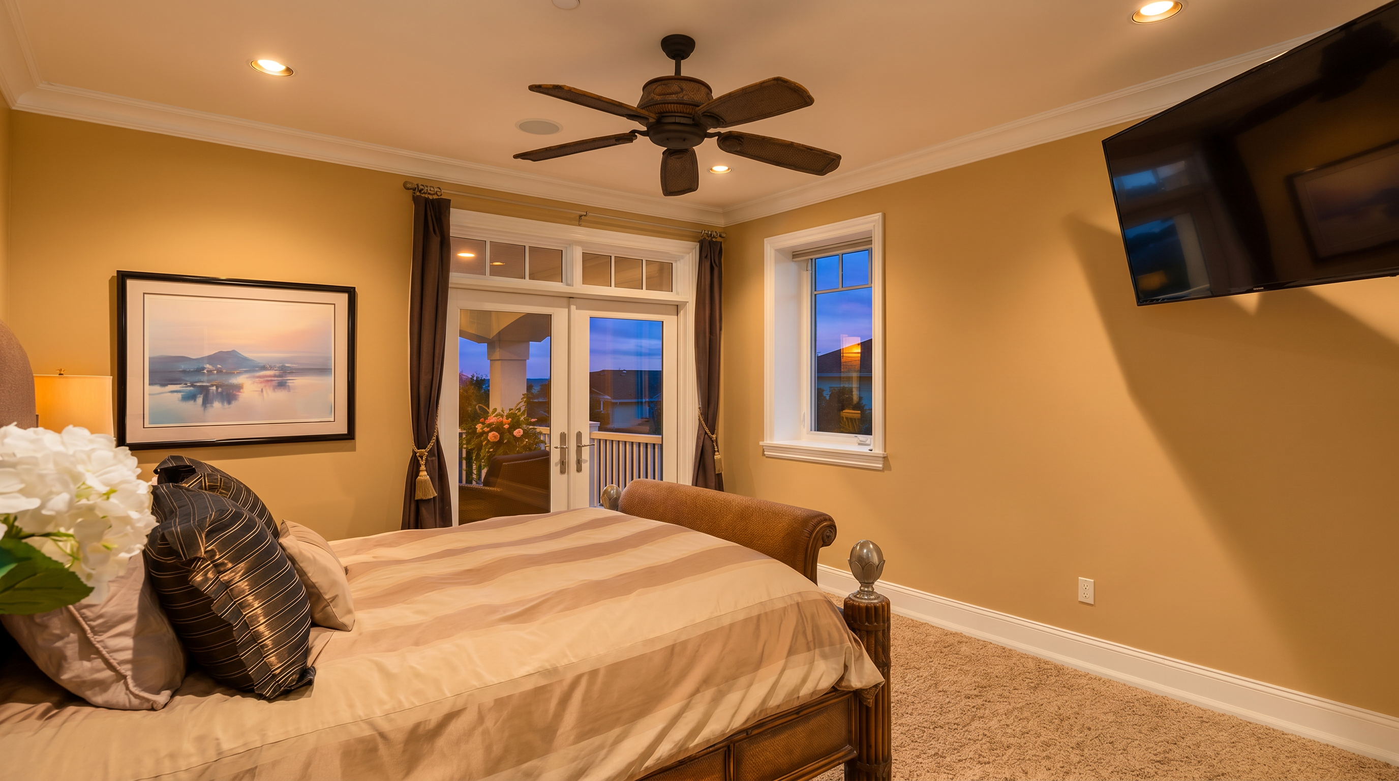 This primary bedroom features a warm, inviting color palette with tan walls and a plush, neutral-toned carpet. The room is anchored by a substantial wooden bed frame with a striped comforter, complemented by a ceiling fan and a wall-mounted television. A set of French doors leads to a private balcony, allowing natural light to fill the space and offering a serene view of the outdoors.