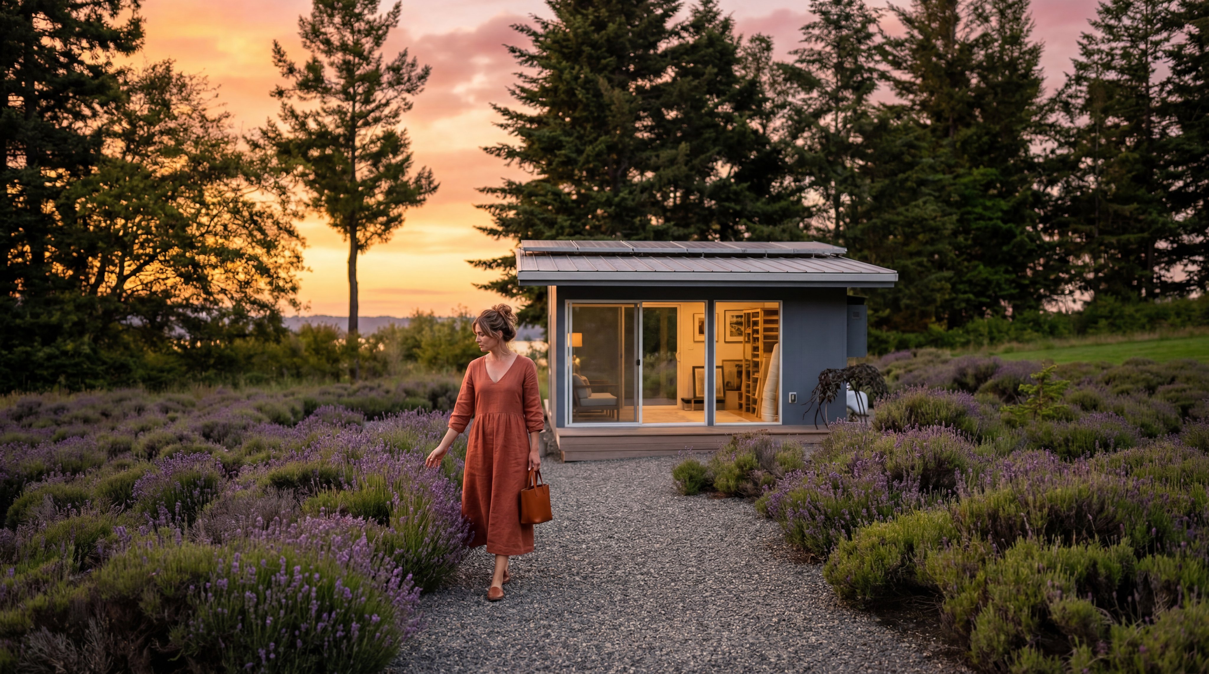 This image features a modern, minimalist studio structure nestled within a lush, lavender-filled garden. The building is characterized by its clean lines, dark gray siding, and large sliding glass doors that open onto a small wooden deck. A gravel path leads directly to the entrance, framed by the surrounding greenery and a backdrop of tall, mature evergreen trees under a clear blue sky.
