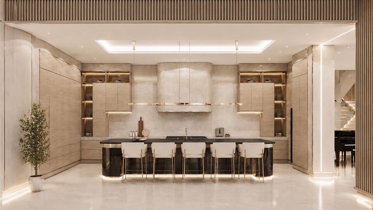 This sophisticated, modern kitchen features a large central island with a dark stone base and seating for five, set against a backdrop of light wood cabinetry and a stone-clad range hood. The space is illuminated by recessed lighting and sleek, linear pendant lights, creating a warm and luxurious atmosphere. A potted plant adds a touch of greenery to the left, while the overall design emphasizes clean lines and a neutral, high-end aesthetic.