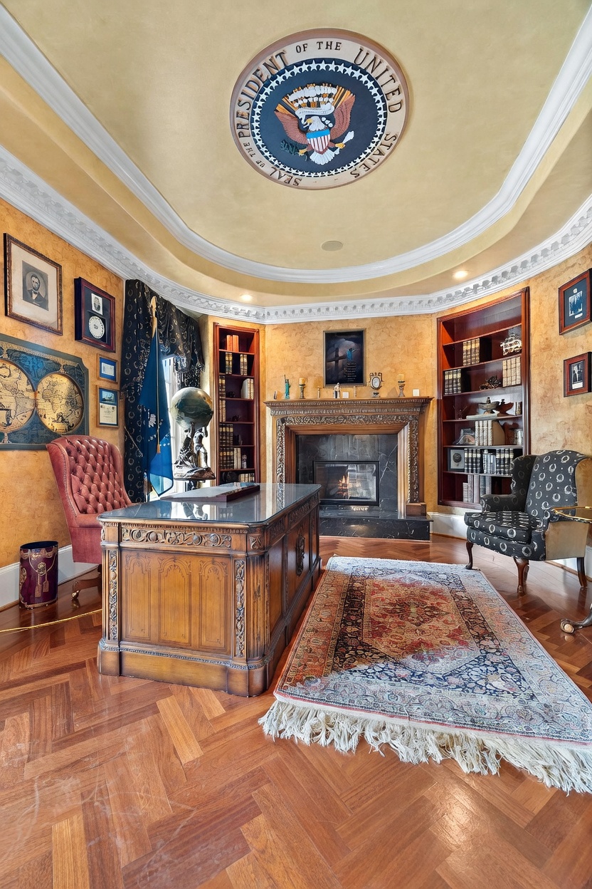 This sophisticated home office features a grand wooden desk positioned centrally on a herringbone-patterned wood floor, complemented by a detailed area rug. The room is anchored by a fireplace with a dark stone surround and built-in shelving on either side, while the ceiling showcases a circular architectural detail featuring the Seal of the President of the United States. The space is furnished with a tufted leather chair and a patterned armchair, creating an atmosphere of formal study and executive style.