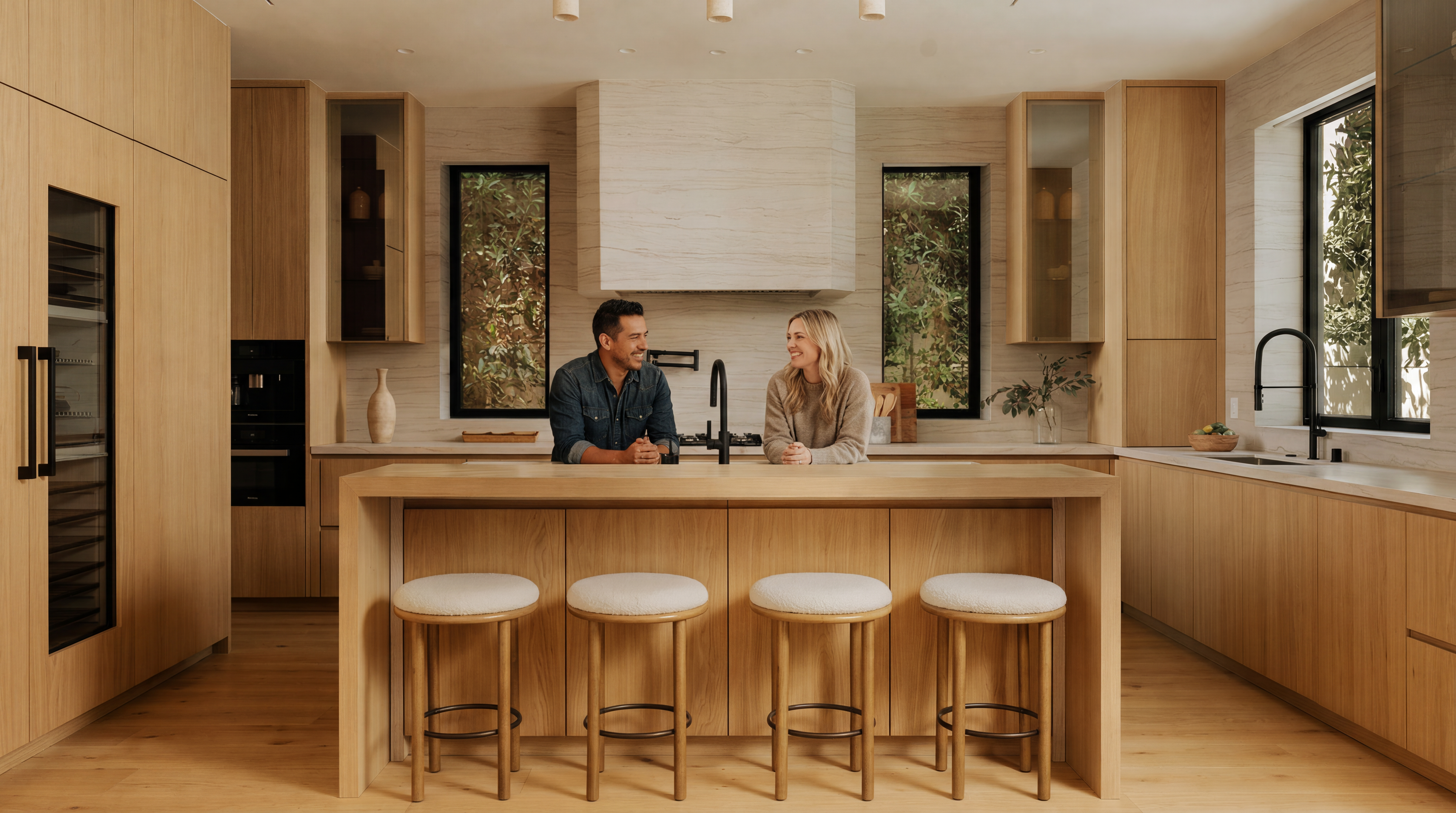 This modern, minimalist kitchen showcases high-end craftsmanship with light oak cabinetry, a seamless stone range hood, and a spacious kitchen island that serves as a central focal point. The space features integrated appliances, sleek hardware, and large windows that bring in natural light, creating a warm, inviting atmosphere for cooking and entertaining. A couple is seen interacting comfortably at the island, emphasizing the functional and social layout of the open-concept design.