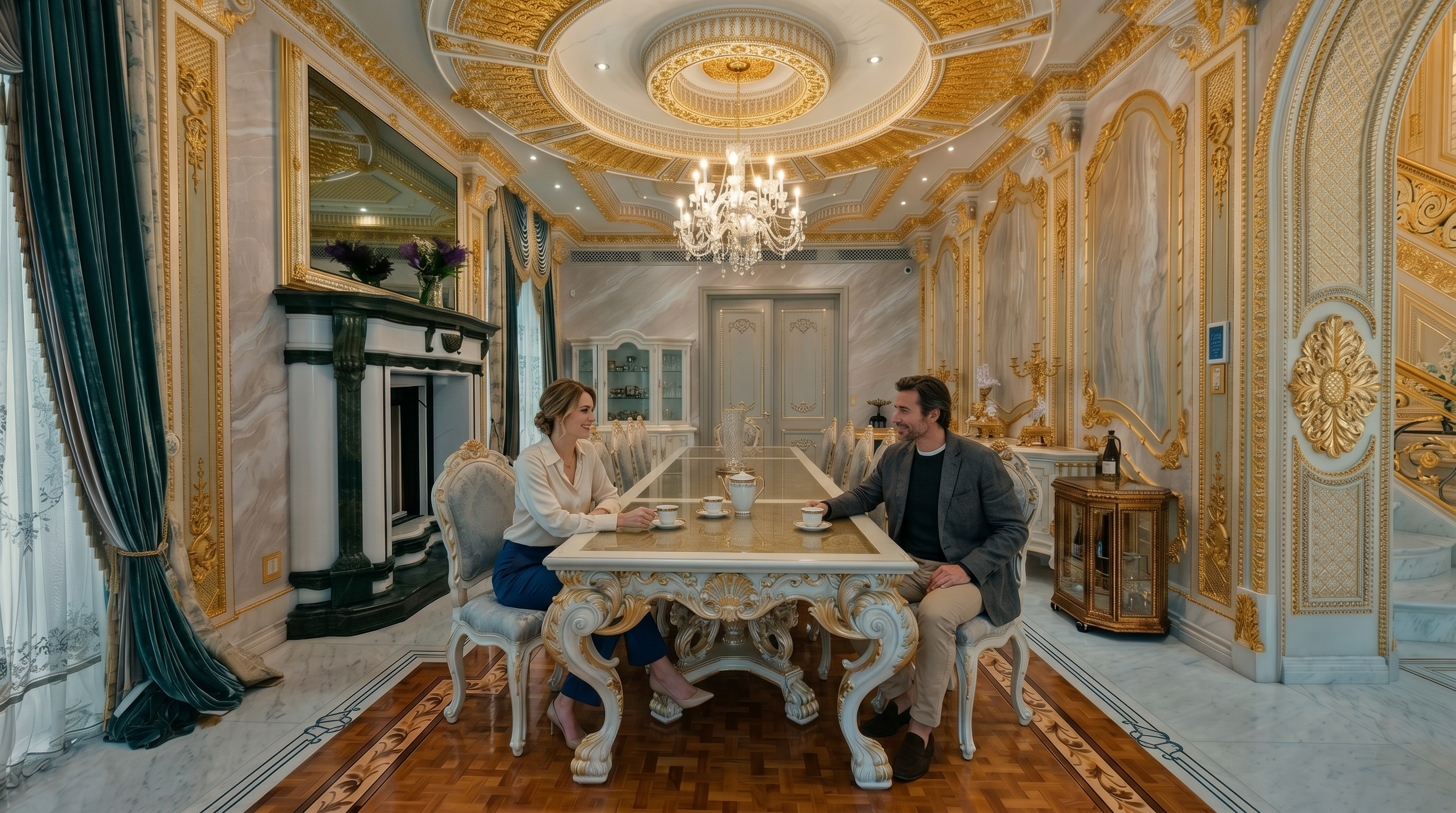This opulent dining room showcases a grand, formal aesthetic defined by intricate gold-leaf ceiling molding, a crystal chandelier, and ornate white and gold furniture. The space features a fireplace with a green marble surround, polished marble flooring with a wood inlay border, and rich teal velvet drapery. The perspective is a wide, symmetrical shot from the entrance, emphasizing the luxurious scale and meticulous craftsmanship of the room.