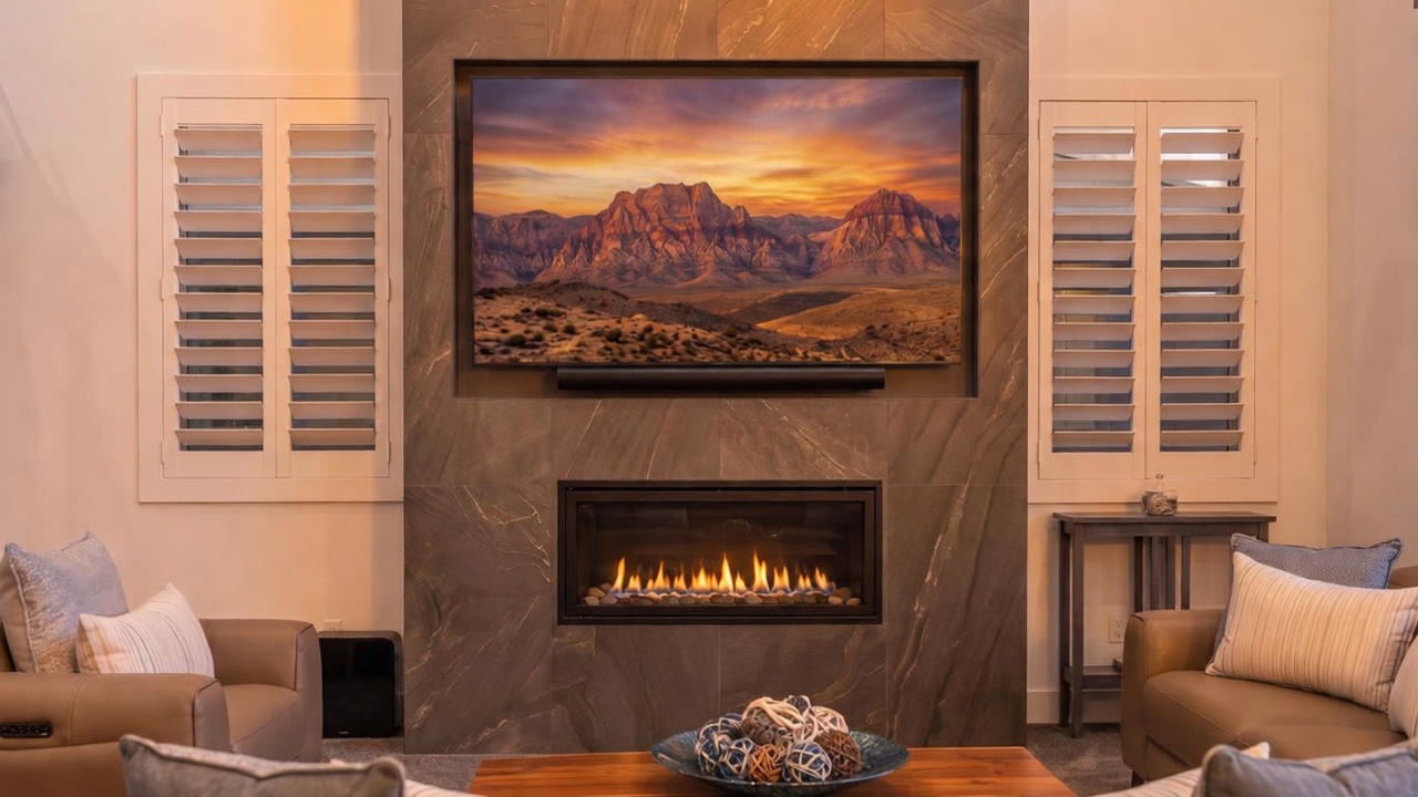 This spacious living room features a tall, dark stone-clad chimney breast housing a television and a linear fireplace. The room is furnished with two leather sofas arranged around a live-edge wood coffee table on a geometric patterned rug. Large sliding glass doors open to an illuminated outdoor patio and pool area, creating a seamless transition between indoor and outdoor living spaces.