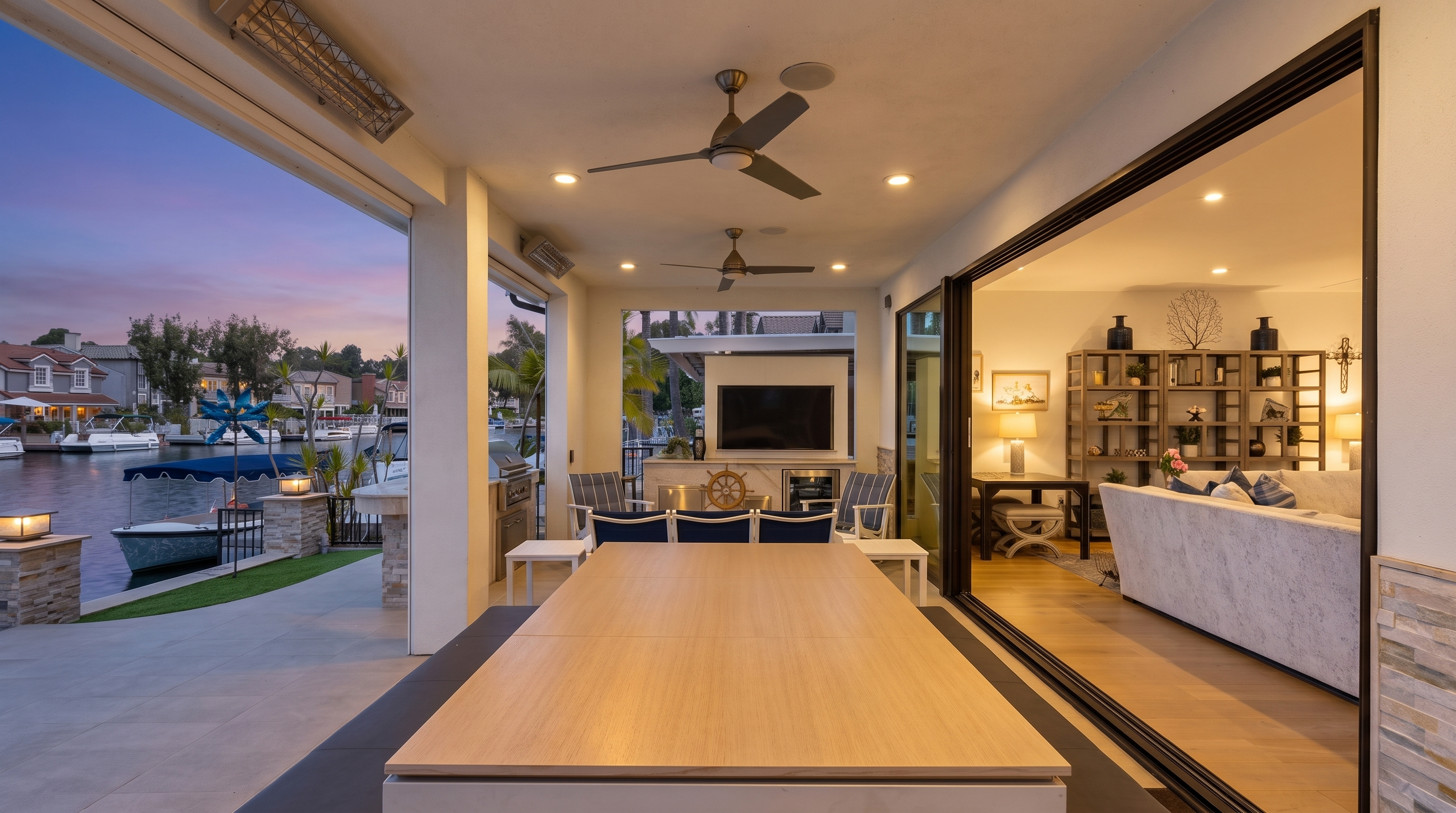 This luxurious covered outdoor patio offers a seamless transition to the interior living space through large sliding glass doors, highlighting a perfect blend of indoor-outdoor living. The area features a modern dining set with bench seating, a built-in outdoor kitchen with a television, and serene views overlooking the canal and private boat dock. Its sophisticated design, equipped with heating and fans, creates an inviting and versatile space for year-round entertaining.