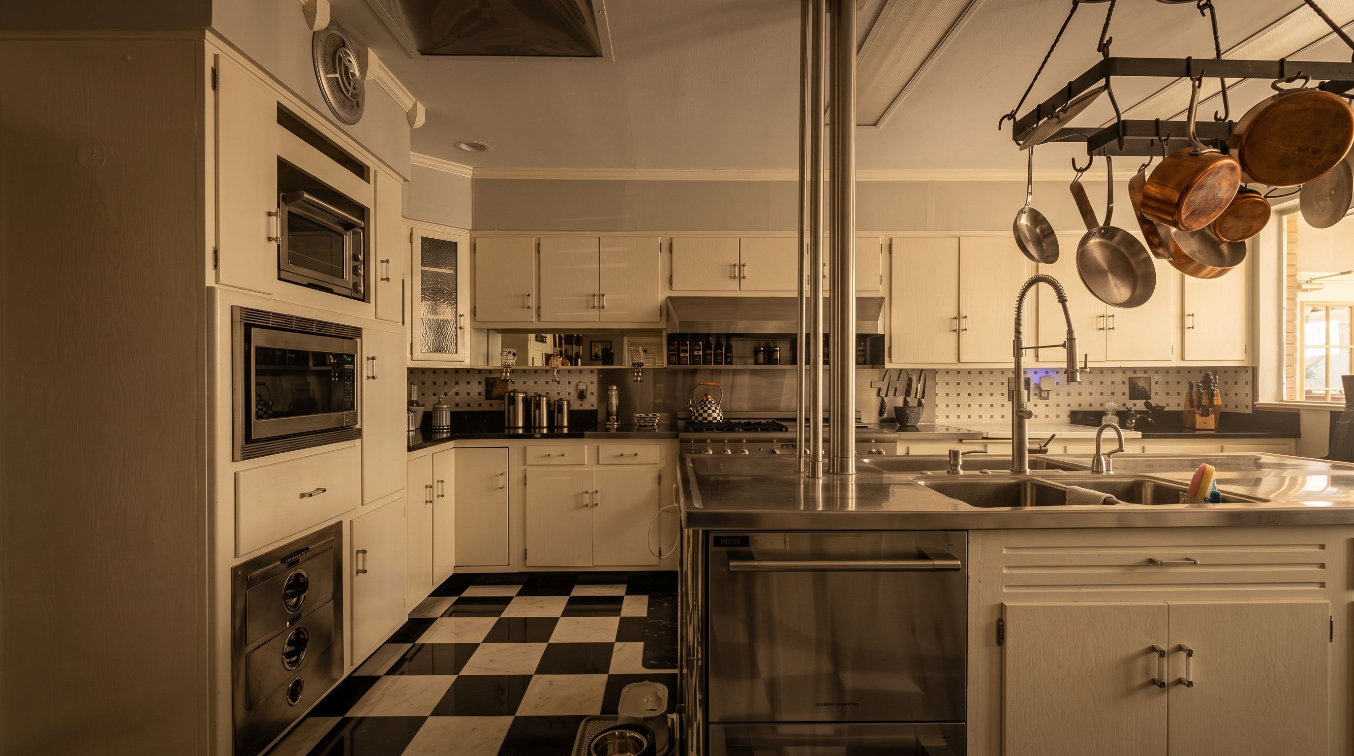 This kitchen features a distinctive black-and-white checkered floor and a central stainless steel island equipped with a dishwasher. The space is outfitted with white cabinetry, a built-in microwave and oven stack, and a hanging pot rack above the island. The perspective is a wide-angle shot from the kitchen entrance, showcasing the functional layout and the contrast between the classic flooring and modern stainless steel appliances.