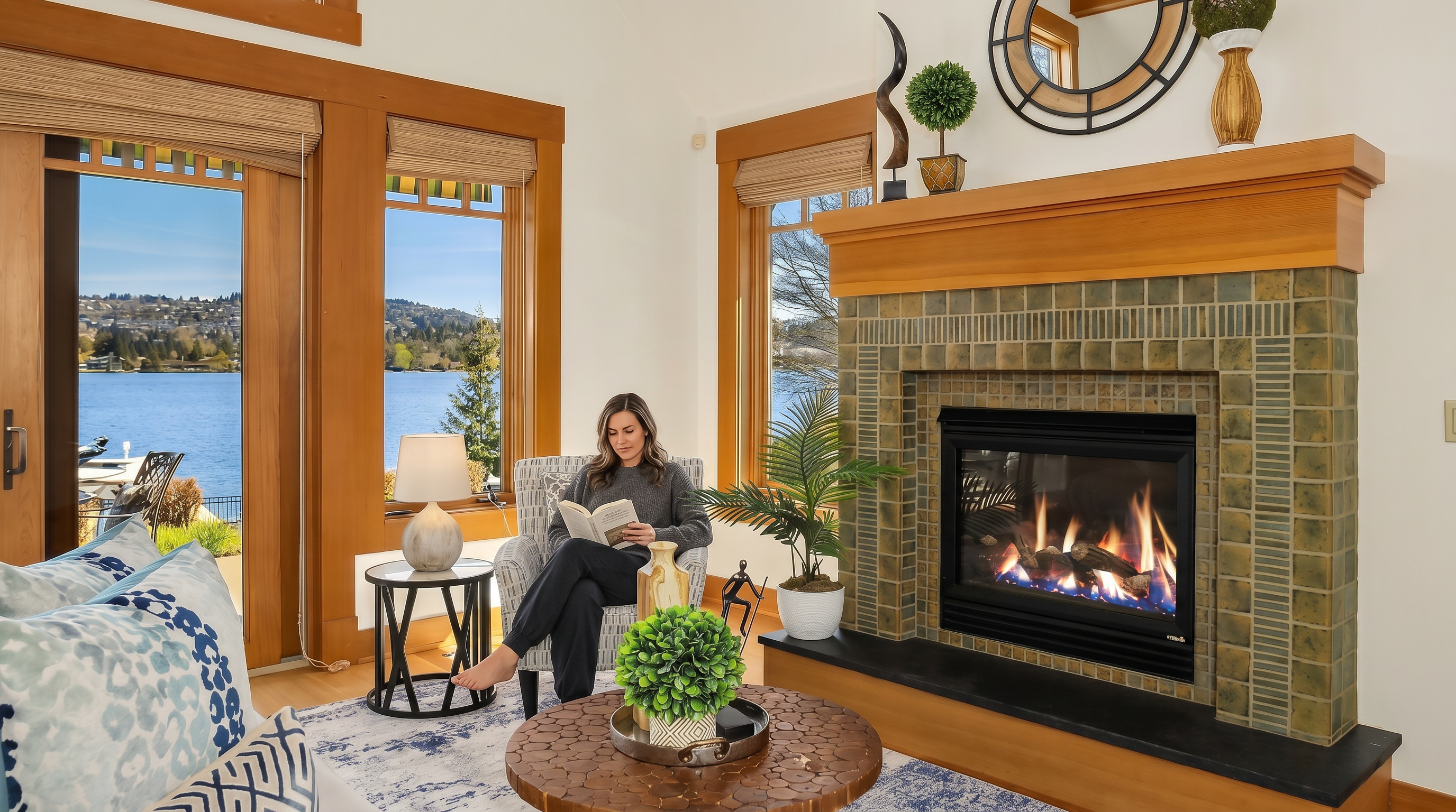 This inviting living room features a cozy fireplace with green tile surround, a textured wooden coffee table, and a comfortable patterned armchair. Large windows and a sliding glass door provide a stunning, unobstructed view of the lake, filling the space with natural light. The room is decorated with tasteful accents, including a circular wall mirror and greenery, creating a warm and serene atmosphere.
