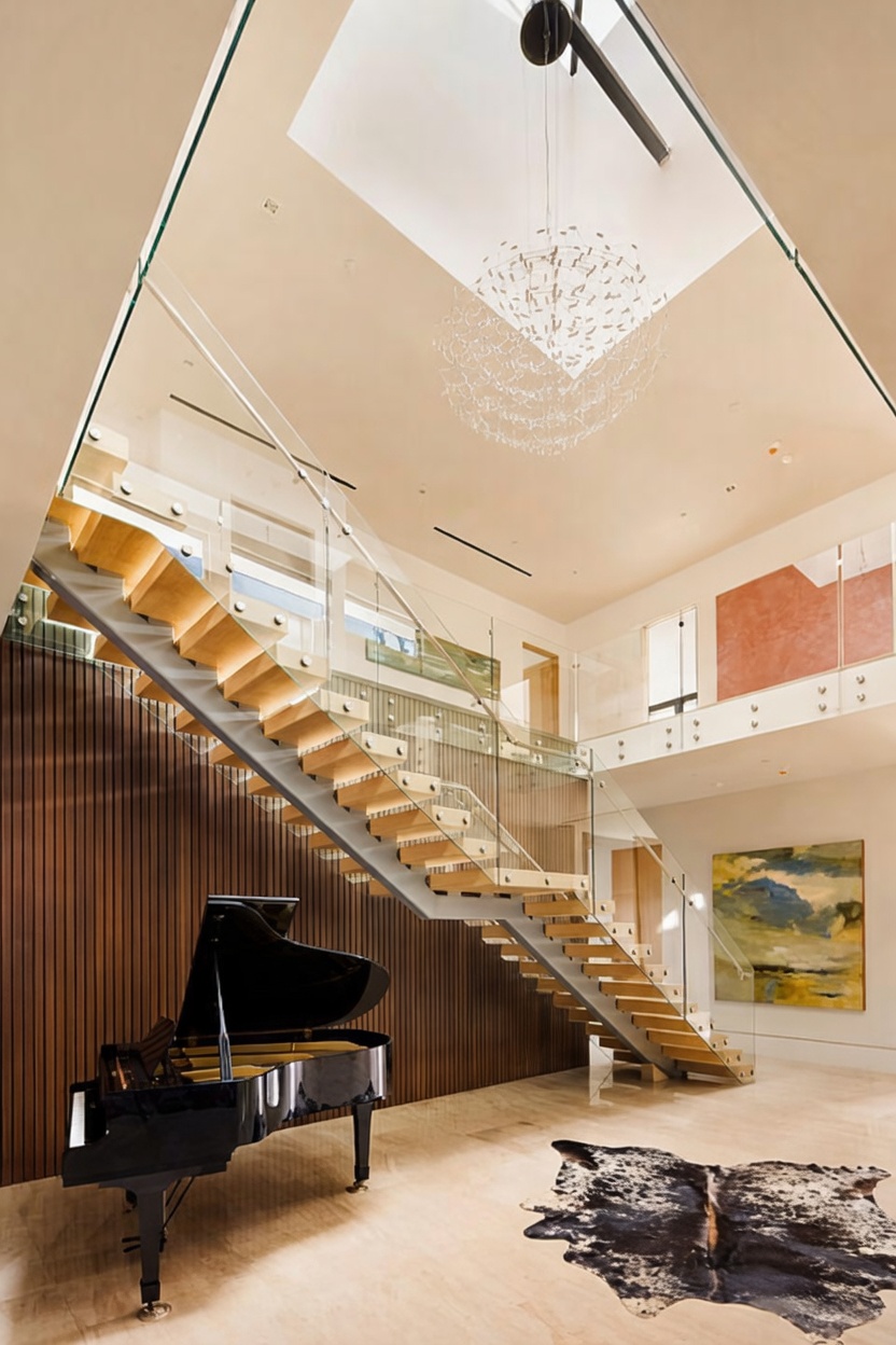 This grand foyer features a striking floating staircase with glass railings and light wood treads, serving as the architectural centerpiece of the space. A polished black grand piano sits prominently on the light-toned stone floor, complemented by a textured animal-hide rug and a large abstract painting on the wall. Above, a modern, intricate chandelier hangs from a high, vaulted ceiling, creating an airy and sophisticated atmosphere.