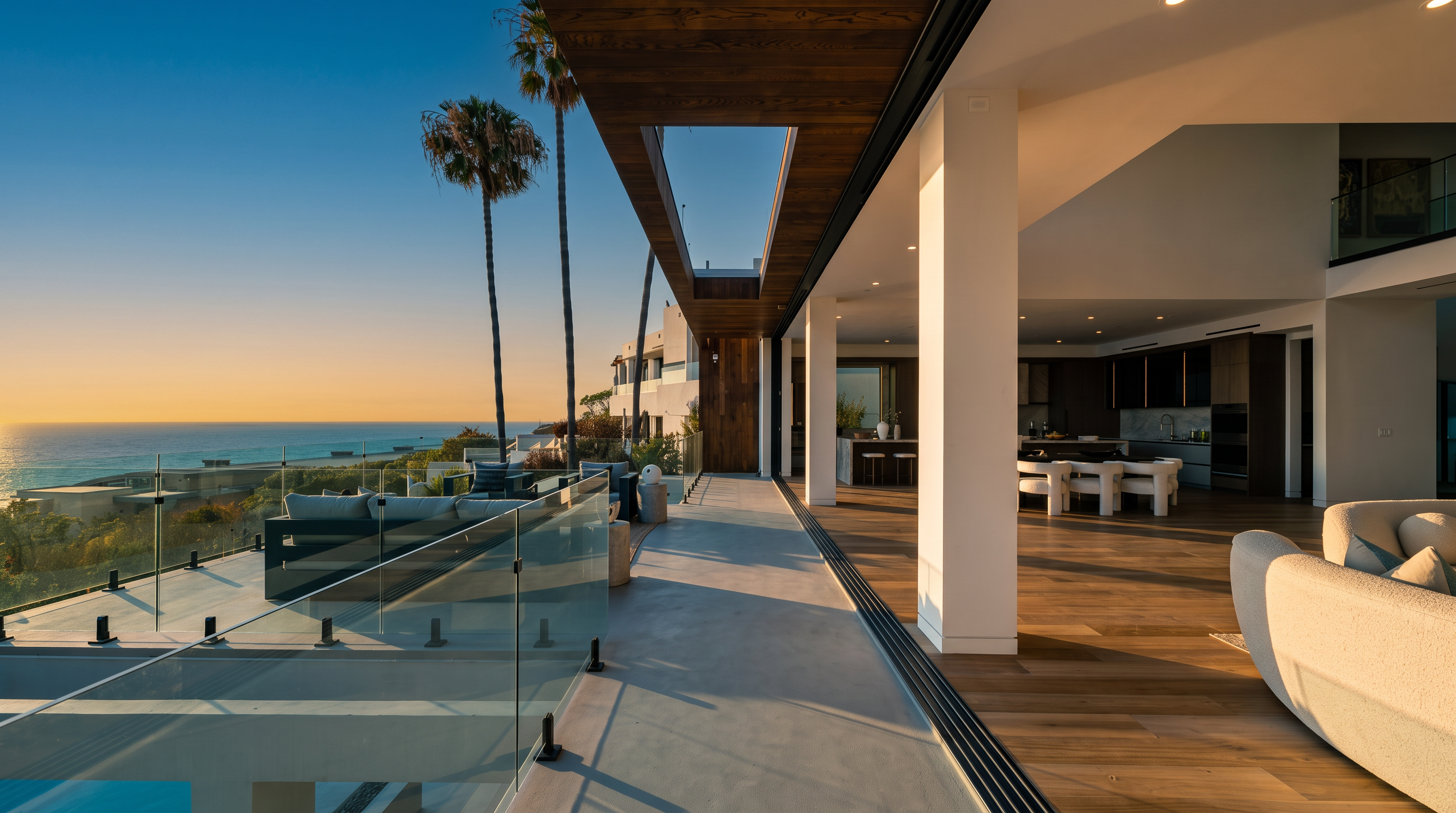 This expansive indoor-outdoor living space features a seamless transition between the interior living area and a wide, covered balcony overlooking the ocean. The balcony is defined by a wood-paneled ceiling and glass railings, providing an unobstructed view of the horizon and palm trees. Inside, the open-concept layout includes a kitchen with dark cabinetry and a dining area, all finished with light wood flooring.