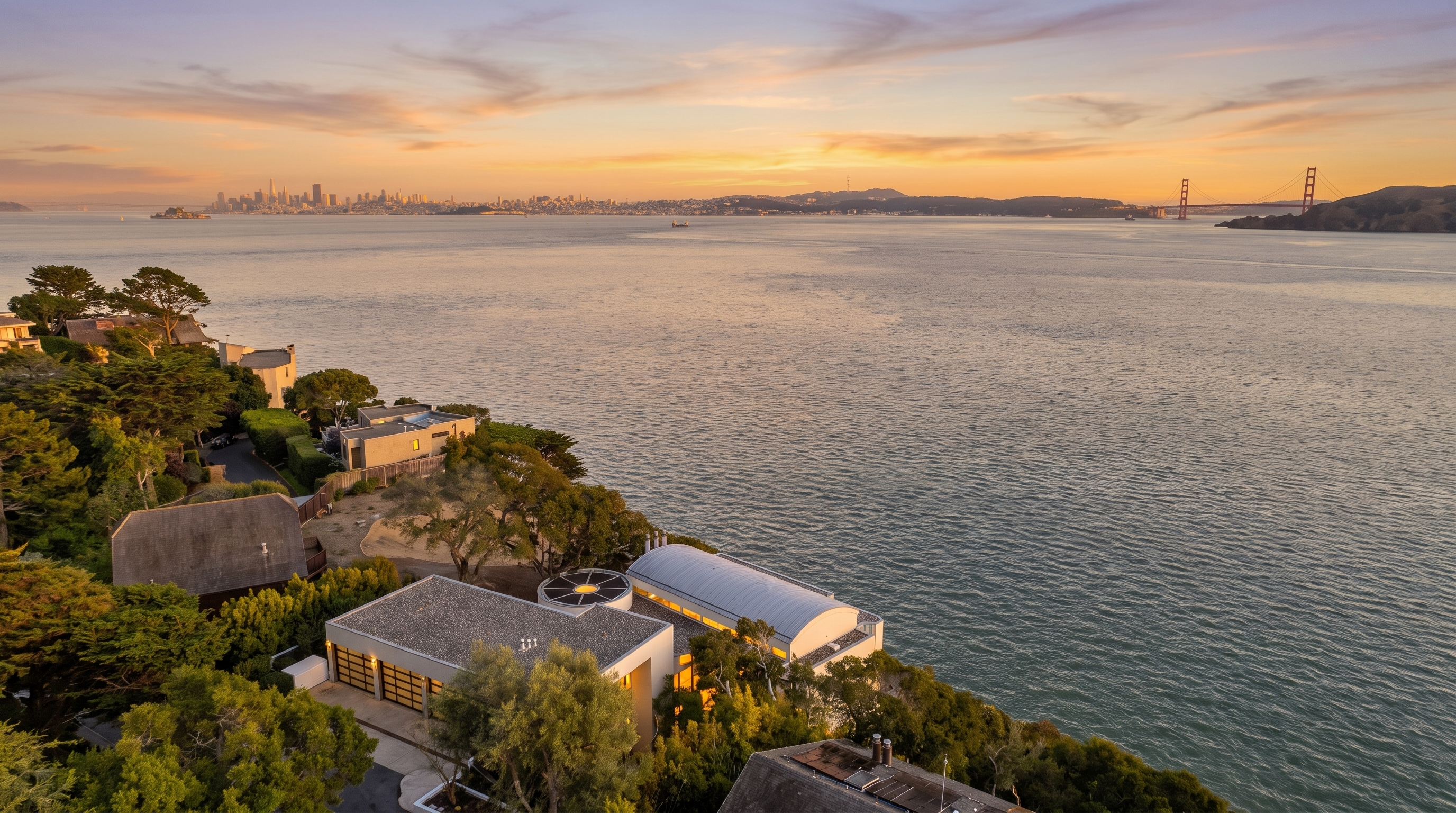 This high-angle aerial view captures a coastal property nestled along a lush, tree-lined cliffside overlooking a vast bay. The architecture features a unique combination of flat-roofed structures and a prominent barrel-vaulted roof, set against the backdrop of a distant city skyline and a suspension bridge. The perspective emphasizes the expansive waterfront location and the seamless integration of the home into its natural, scenic environment.