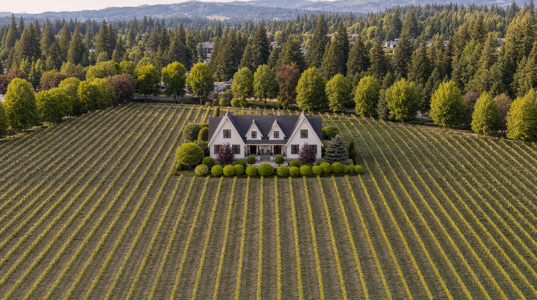 This stunning aerial view captures a sophisticated white farmhouse-style residence nestled in the heart of expansive, symmetrically planted vineyard rows. The property is framed by lush, mature coniferous and deciduous trees, creating a peaceful and private rural retreat. The impeccable landscaping and the striking contrast between the modern home and the vast natural landscape define its high-end, elegant aesthetic.