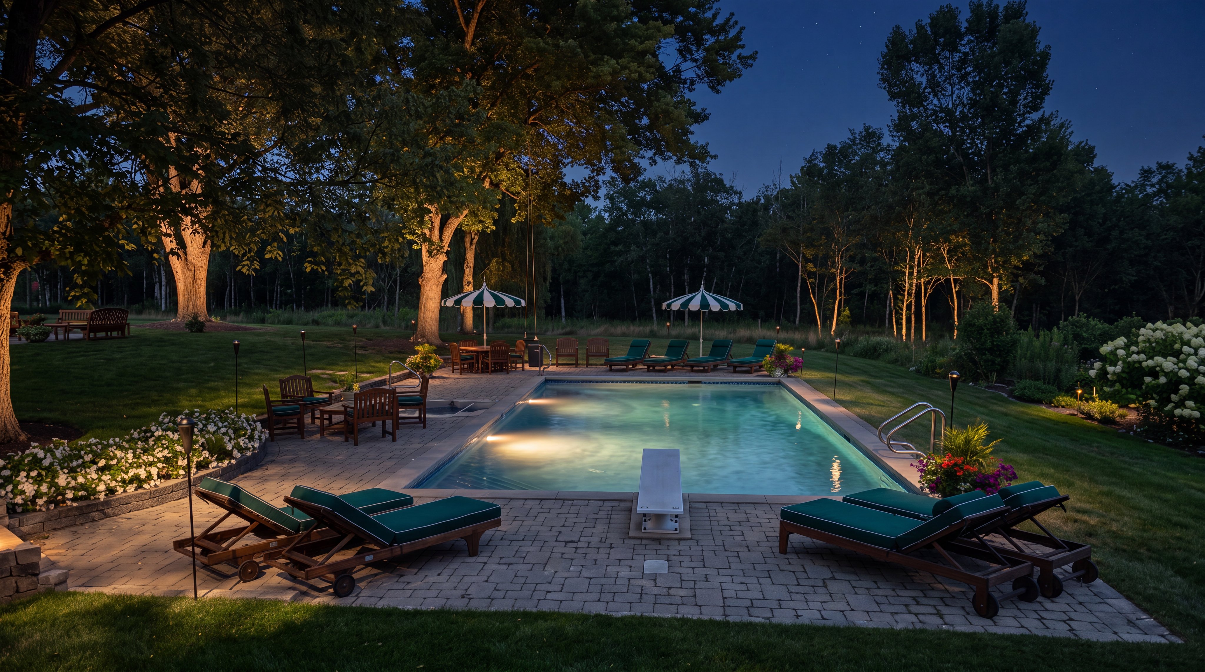 This tranquil evening scene highlights a beautifully landscaped backyard featuring a rectangular in-ground swimming pool equipped with a diving board and warm underwater lighting. The surrounding paver patio is furnished with multiple wooden lounge chairs and outdoor dining sets, all set against a backdrop of lush trees and manicured lawns. The inviting atmosphere is enhanced by soft landscape lighting and a star-filled night sky, creating a perfect space for outdoor relaxation and entertaining.