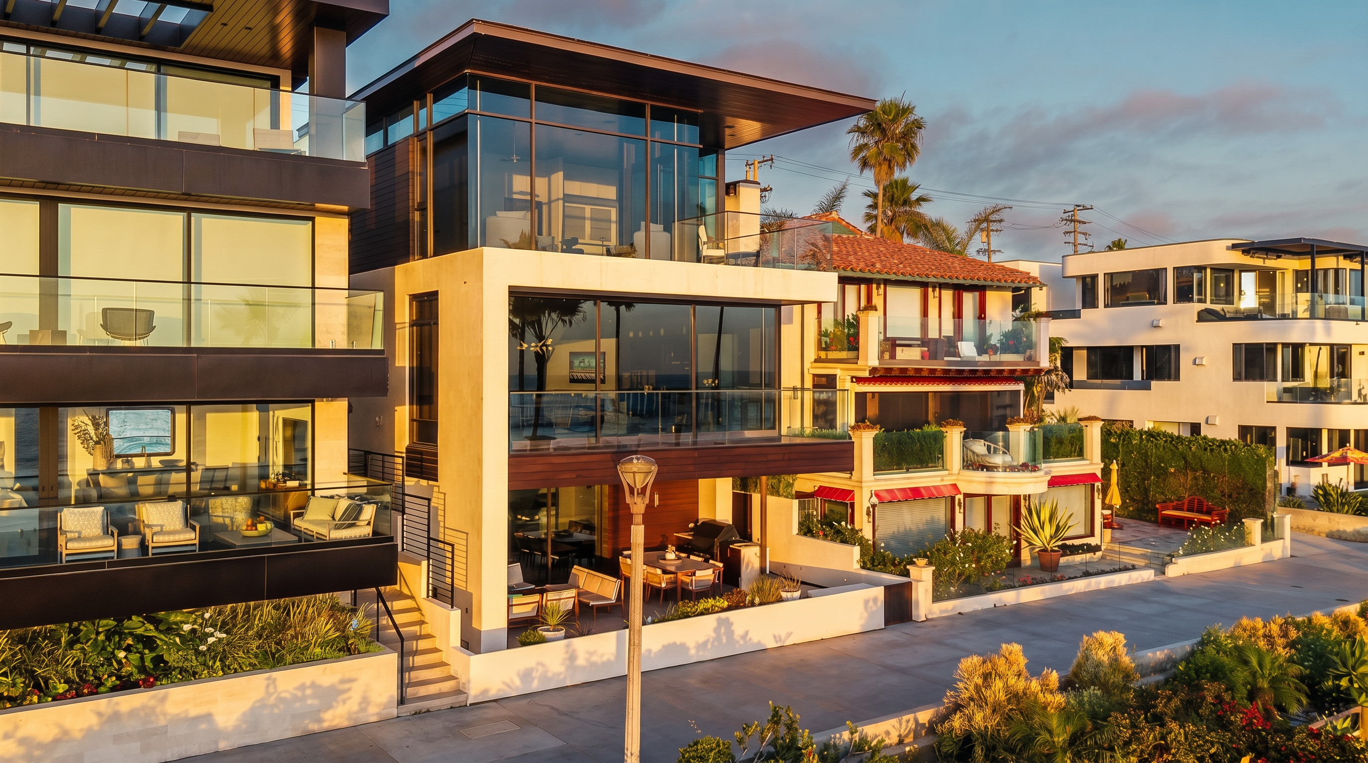 This image captures a striking, multi-level contemporary residence situated along a coastal boardwalk. The home features expansive glass walls, clean architectural lines, and a prominent balcony overlooking the ocean, reflecting a high-end, modern aesthetic. The perspective is an elevated exterior view, showcasing the home's integration with the surrounding beachside neighborhood during the golden hour.