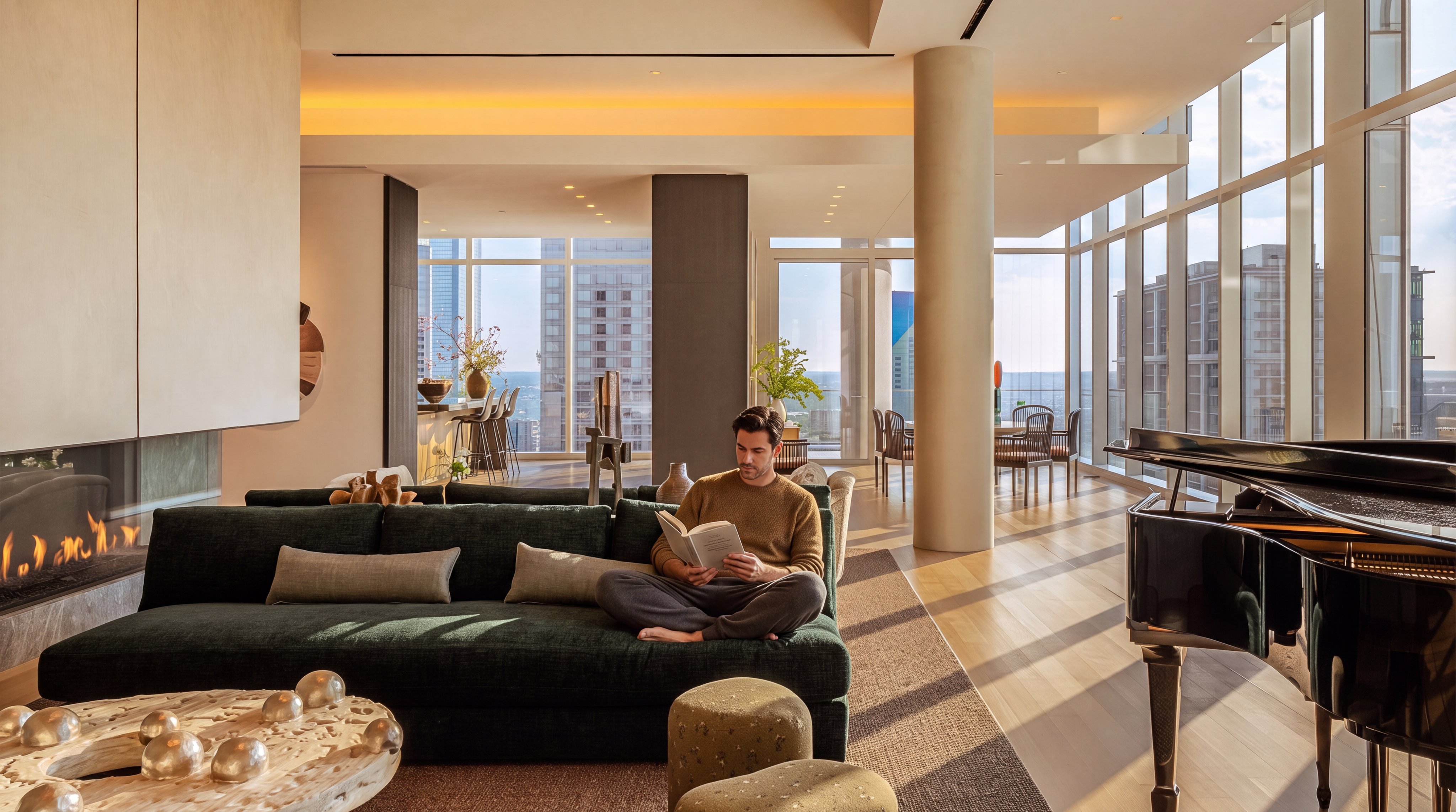 This sophisticated, open-concept living area features a deep green sofa centered on a textured rug, complemented by a unique, organic-shaped coffee table. The space is bathed in natural light from expansive windows that offer panoramic city views, while a grand piano adds a touch of elegance to the corner. The interior design emphasizes a modern, airy aesthetic with neutral tones, warm ambient lighting, and a seamless flow into the adjacent dining and kitchen areas.