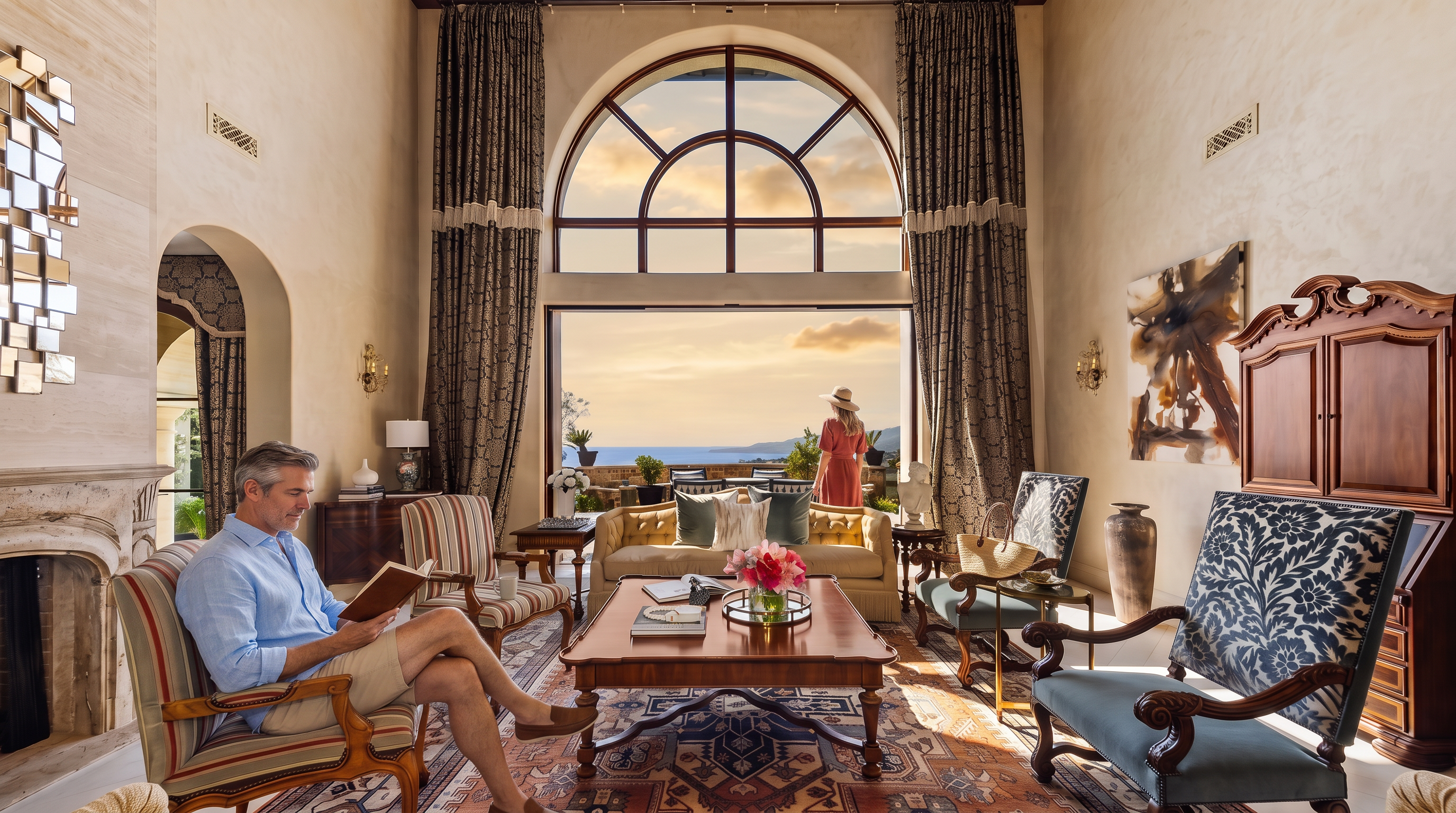 This elegant, high-ceilinged living room features a grand arched window that frames a stunning panoramic view of the ocean and coastline. The space is furnished with a mix of traditional seating, including patterned armchairs and a plush sofa, arranged around a central wooden coffee table on a large, intricate area rug. A coffered wood ceiling adds architectural depth, while a stone-clad fireplace surround on the left and a large wooden cabinet on the right anchor the room's sophisticated, classic aesthetic.
