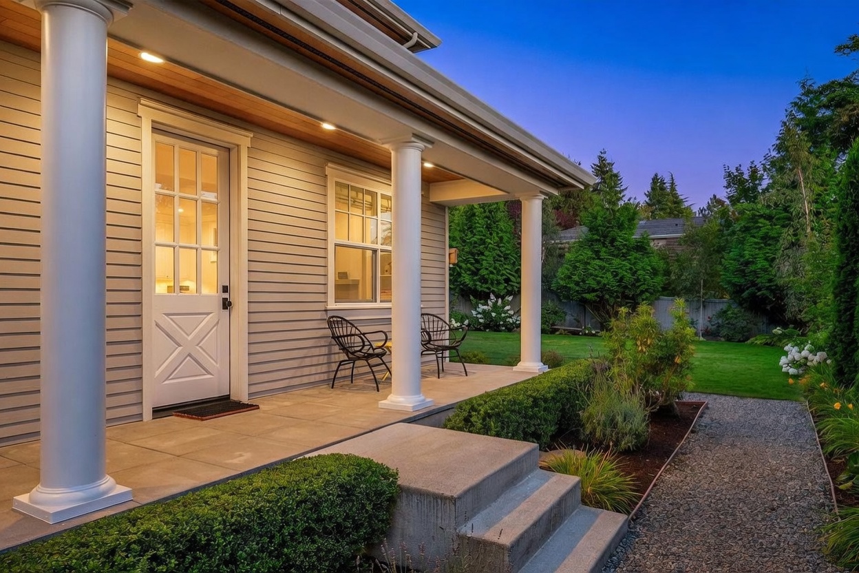 This inviting front porch features a classic design with white columns, light-colored horizontal siding, and a charming door with a decorative X-pattern lower panel. Two black metal chairs are positioned on the paved patio, creating a cozy seating area overlooking a well-manicured lawn and lush landscaping. The scene is captured at dusk, with warm recessed lighting illuminating the porch ceiling and highlighting the home's welcoming curb appeal.