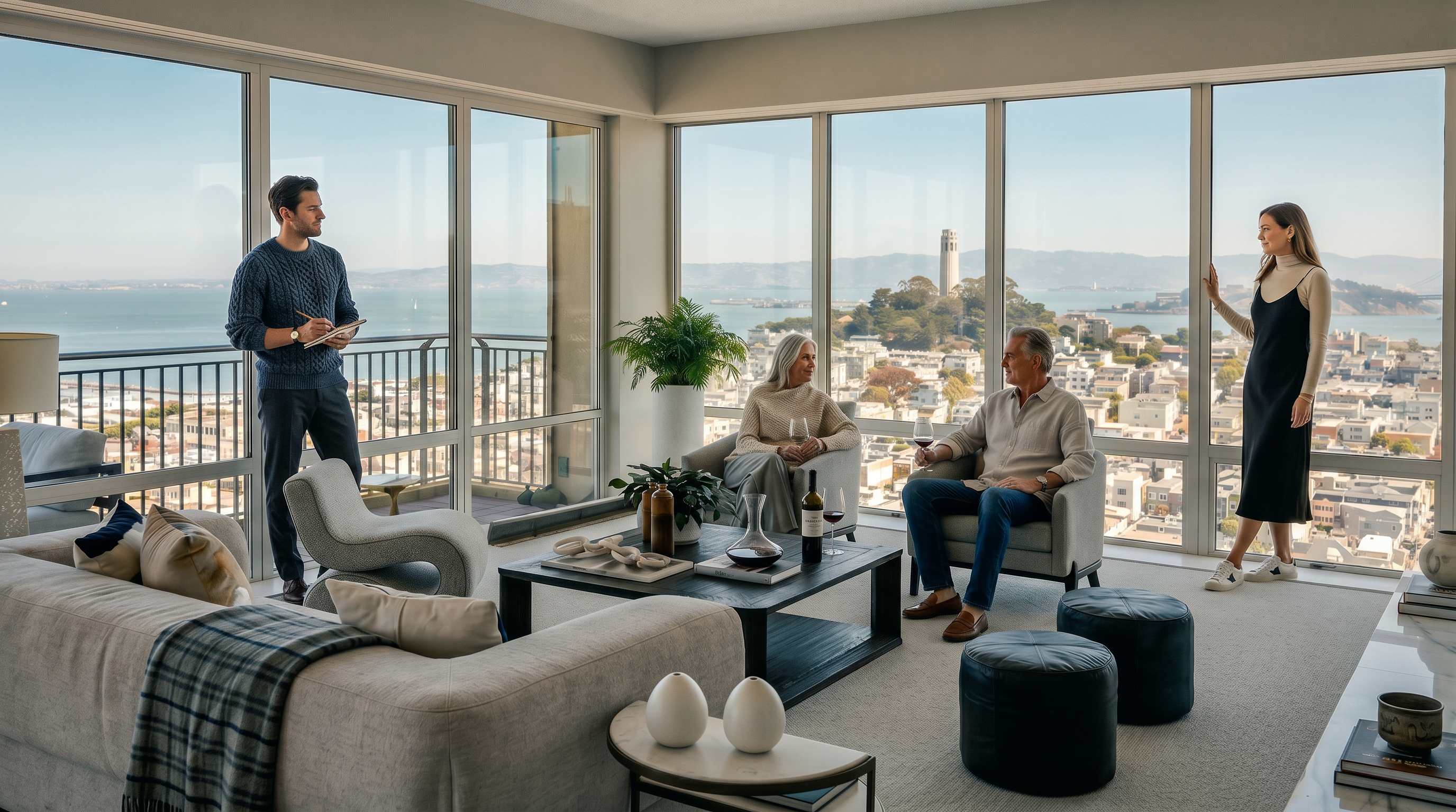 This sophisticated living room features an open-concept layout defined by expansive floor-to-ceiling windows that offer panoramic views of the city skyline, the bay, and the bridge. The space is furnished with a plush, neutral-toned sofa, a dark wood coffee table, and several accent chairs, creating a comfortable yet elegant seating area. A small marble-topped side table with decorative vases sits in the foreground, while the room's minimalist design emphasizes the dramatic natural light and urban scenery.