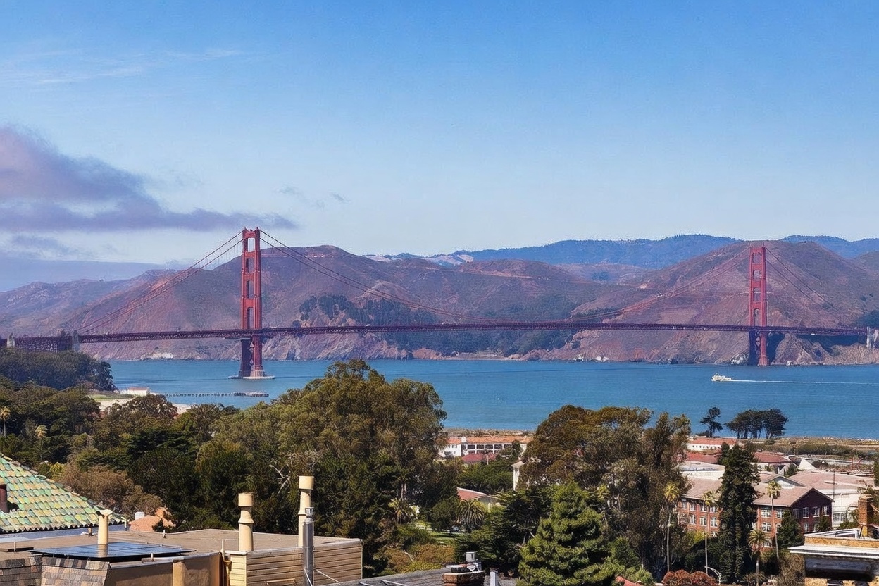 This elevated exterior view captures a stunning, panoramic perspective of the iconic Golden Gate Bridge spanning the bay. In the foreground, the rooftops of residential buildings and lush, mature trees provide a sense of scale and context for the property's location. The clear blue sky and expansive water views create a serene and highly desirable atmosphere, emphasizing the prime coastal setting.