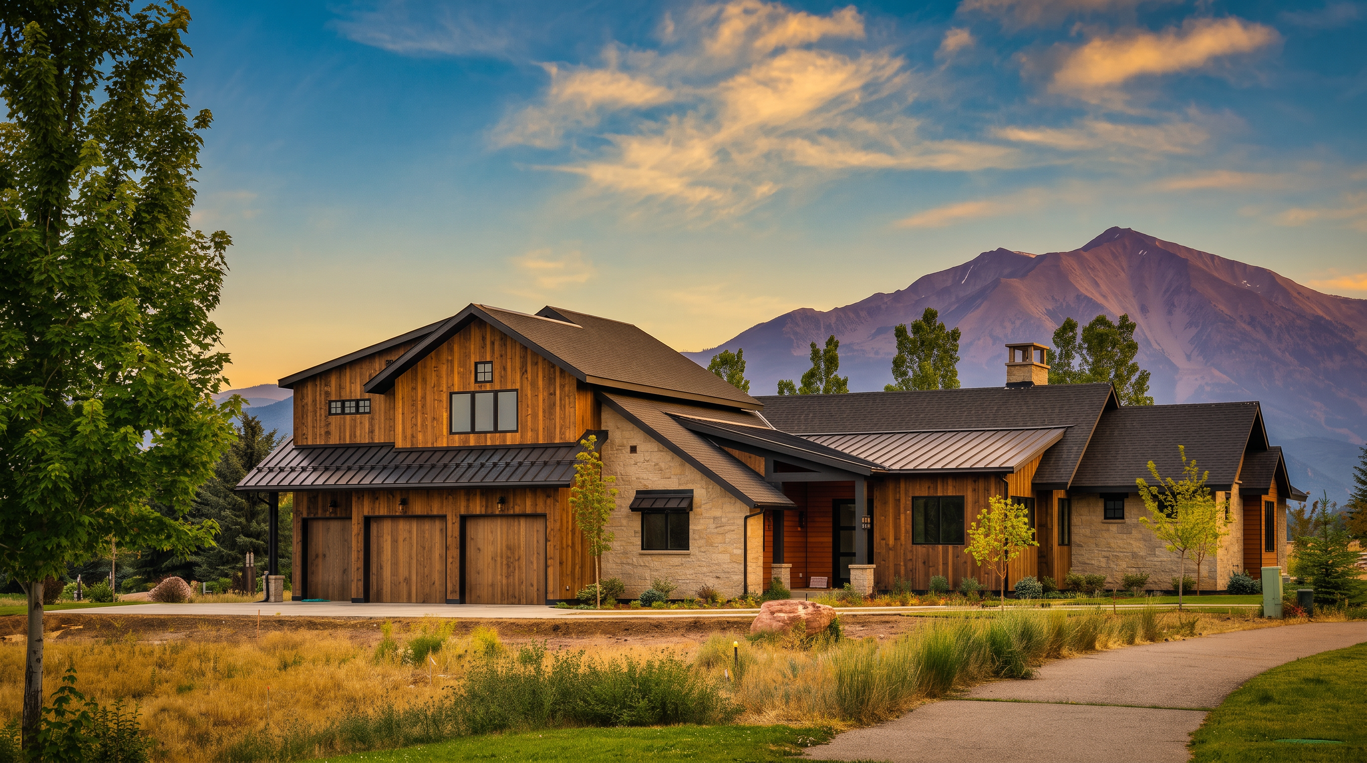 This stunning mountain-style home showcases a blend of rustic wood siding and natural stone veneer, complemented by dark metal roofing. The exterior features a spacious three-car garage, large windows, and clean modern architectural lines set against a breathtaking mountain backdrop. It offers excellent curb appeal with a landscaped driveway and native vegetation, evoking a luxurious yet inviting atmosphere.