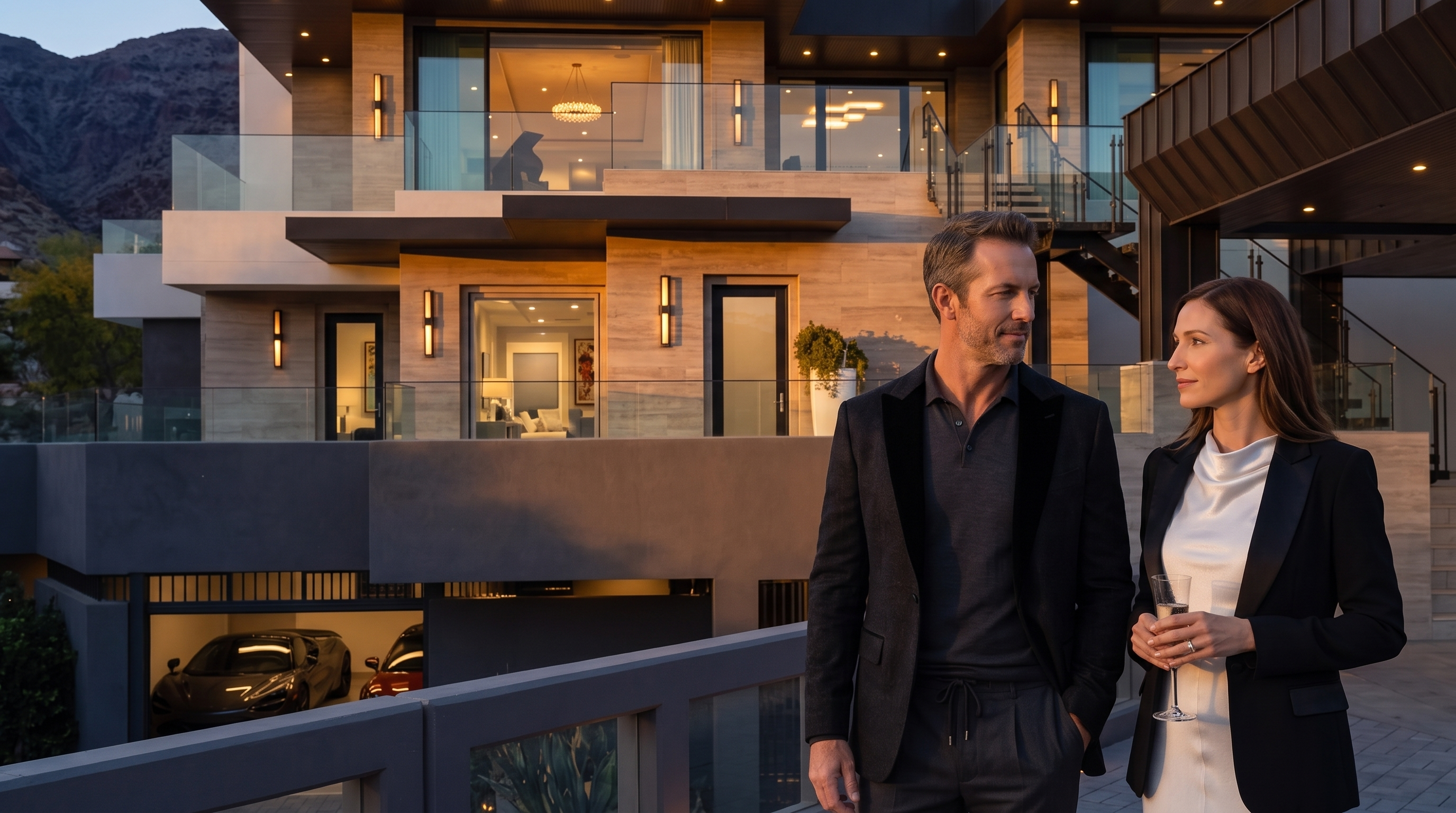This striking modern luxury residence features a multi-level architectural design with clean lines, expansive glass walls, and a dramatic cantilevered entryway. A curved stone-paved driveway leads toward the home, passing a tiered rock waterfall feature that adds a serene, organic element to the contemporary structure. The scene is captured at twilight, with warm recessed lighting highlighting the home's geometric facade and the surrounding landscaped grounds.