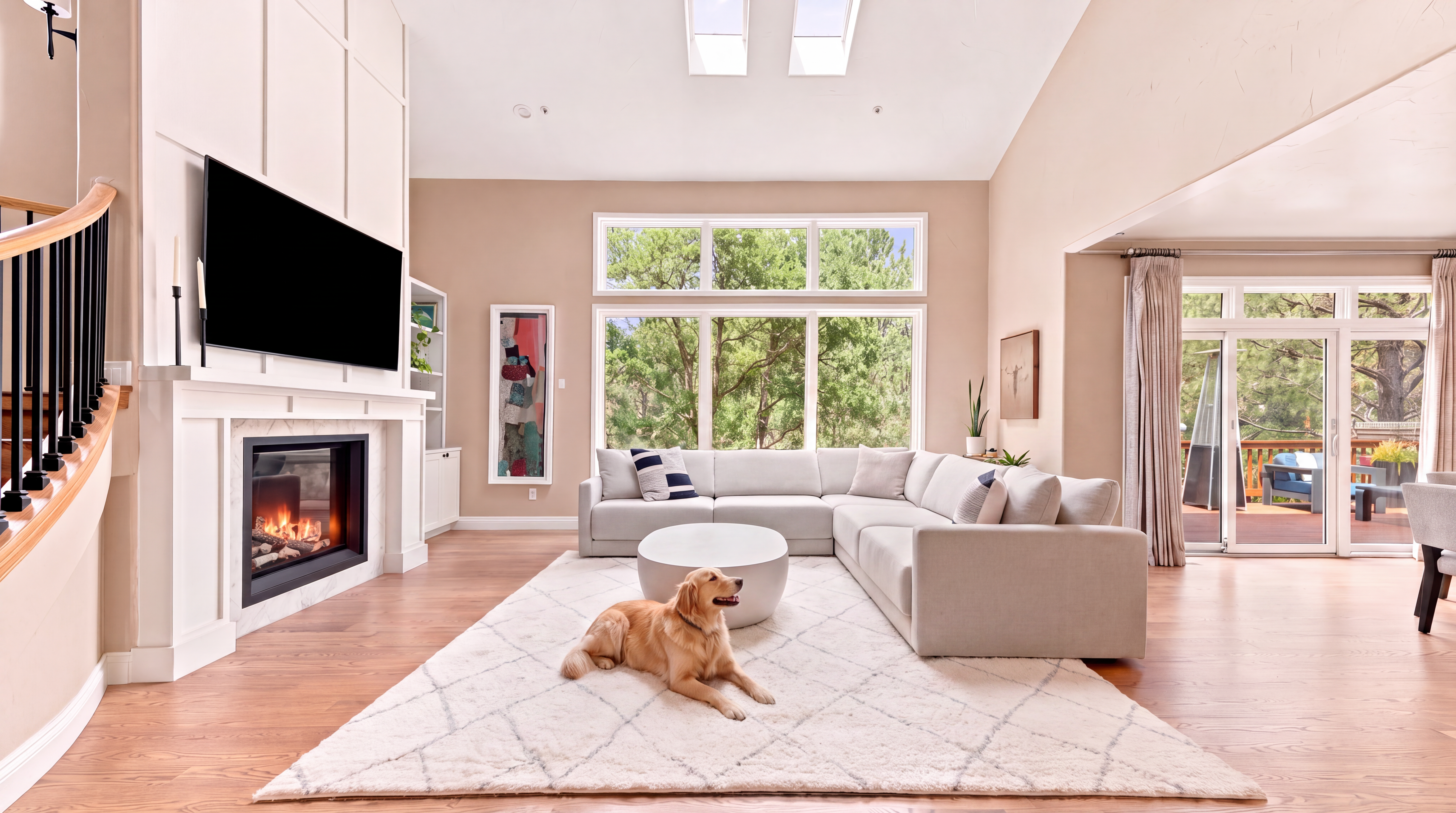 This spacious and inviting living room features a vaulted ceiling with skylights, a large white fireplace surround with a wall-mounted television, and expansive windows that provide abundant natural light. The room is anchored by a comfortable sectional sofa and a soft area rug, creating a warm, family-oriented atmosphere. With its open floor plan and seamless transition to the outdoor deck, this space offers a bright and functional living area perfect for modern family life.